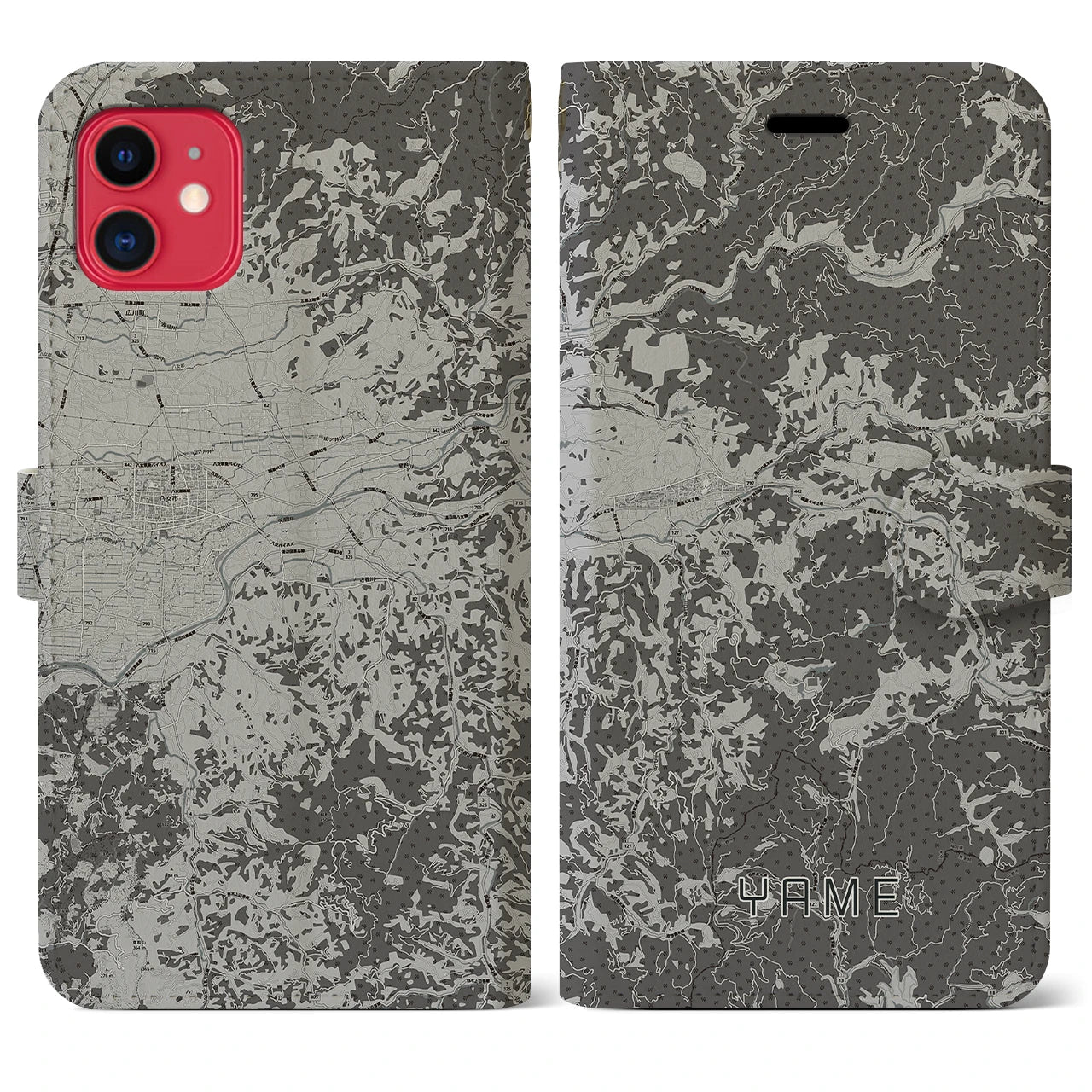 【八女(福岡県)】地図柄iPhoneケース(手帳タイプ)モノトーン・iPhone 11 用