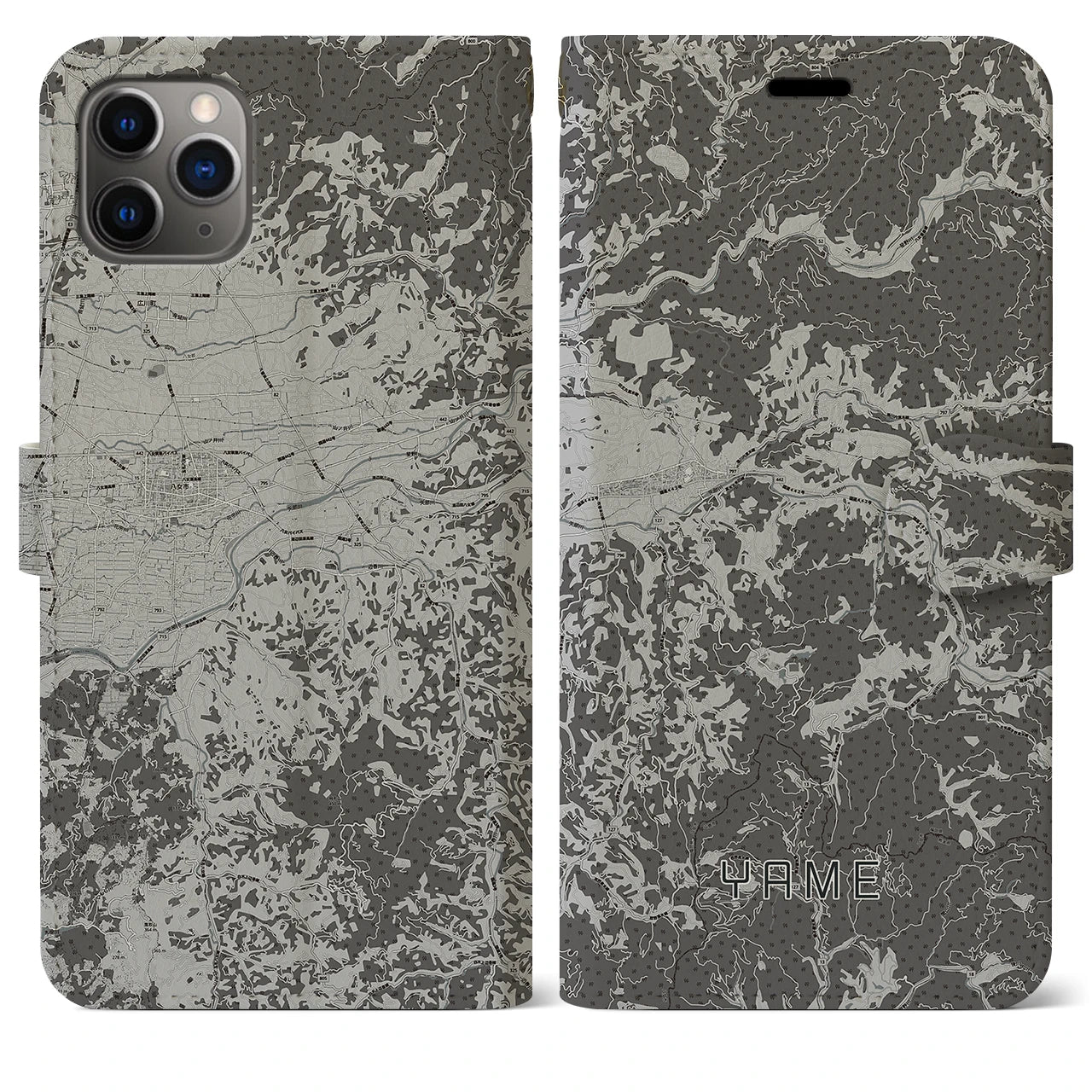 【八女(福岡県)】地図柄iPhoneケース(手帳タイプ)モノトーン・iPhone 11 Pro Max 用