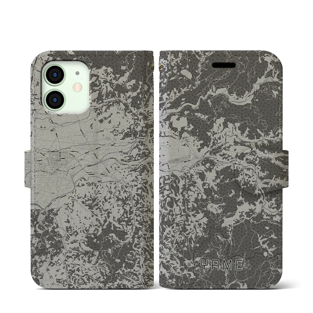 【八女(福岡県)】地図柄iPhoneケース(手帳タイプ)モノトーン・iPhone 12 mini 用