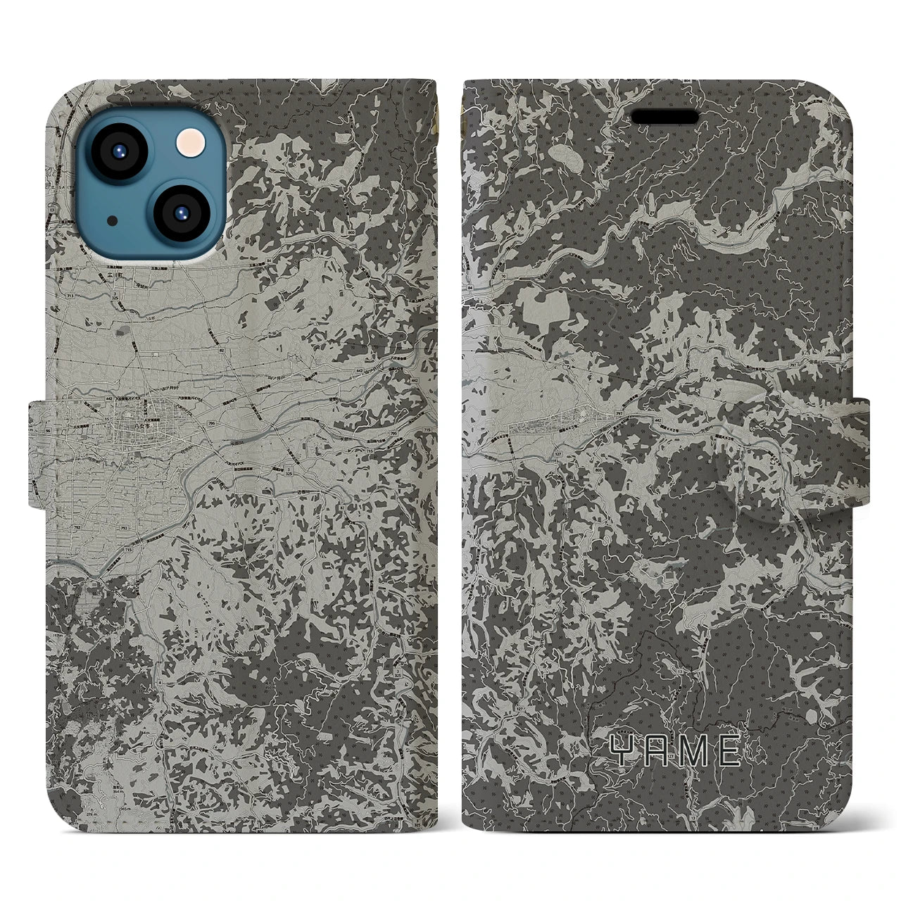 【八女(福岡県)】地図柄iPhoneケース(手帳タイプ)モノトーン・iPhone 13 用