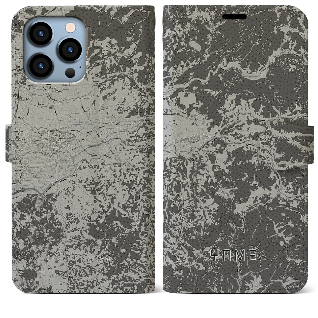 【八女(福岡県)】地図柄iPhoneケース(手帳タイプ)モノトーン・iPhone 13 Pro Max 用