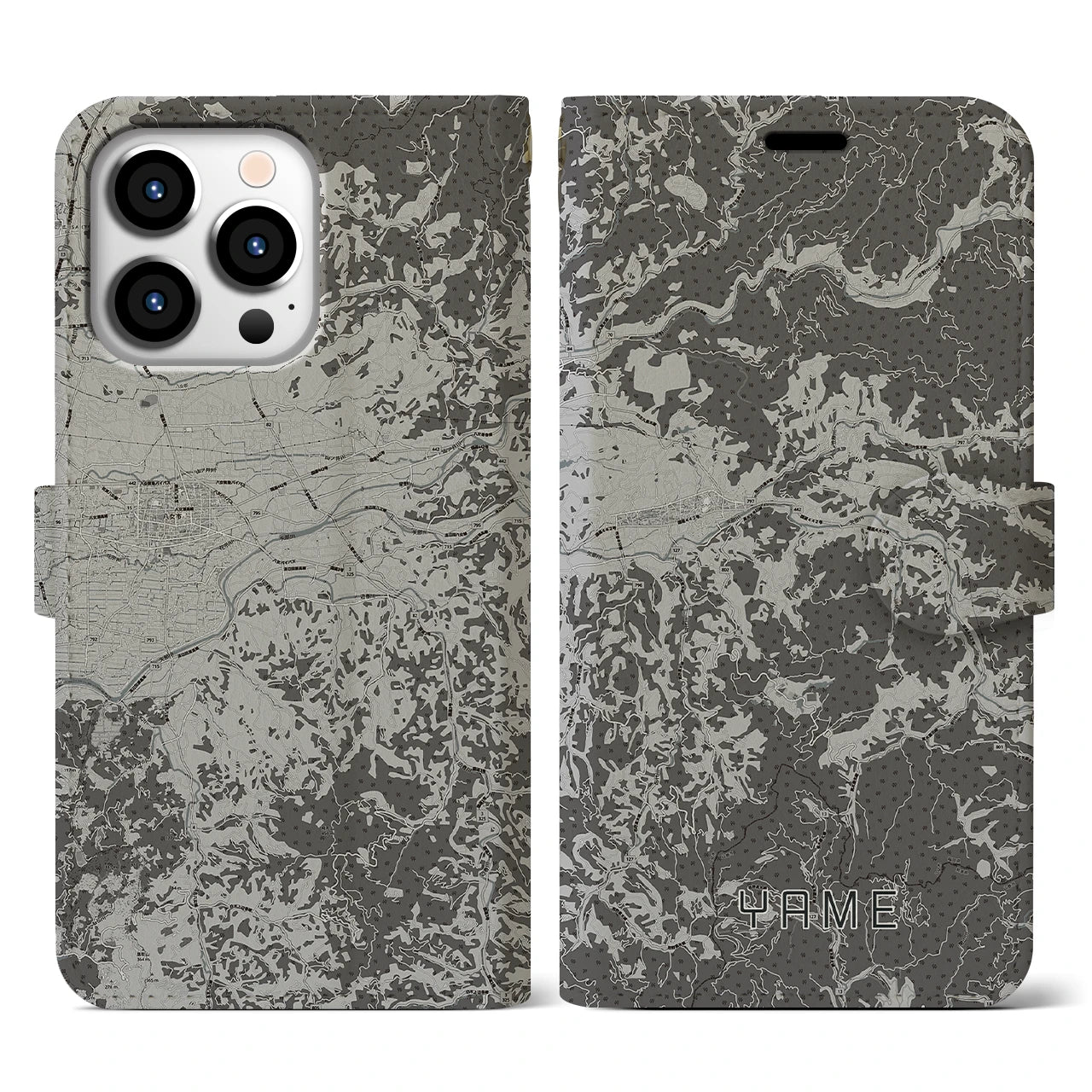 【八女(福岡県)】地図柄iPhoneケース(手帳タイプ)モノトーン・iPhone 13 Pro 用