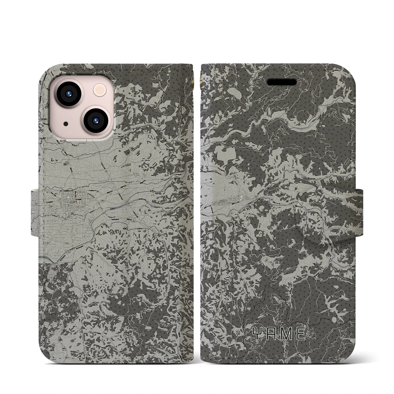 【八女(福岡県)】地図柄iPhoneケース(手帳タイプ)モノトーン・iPhone 13 mini 用