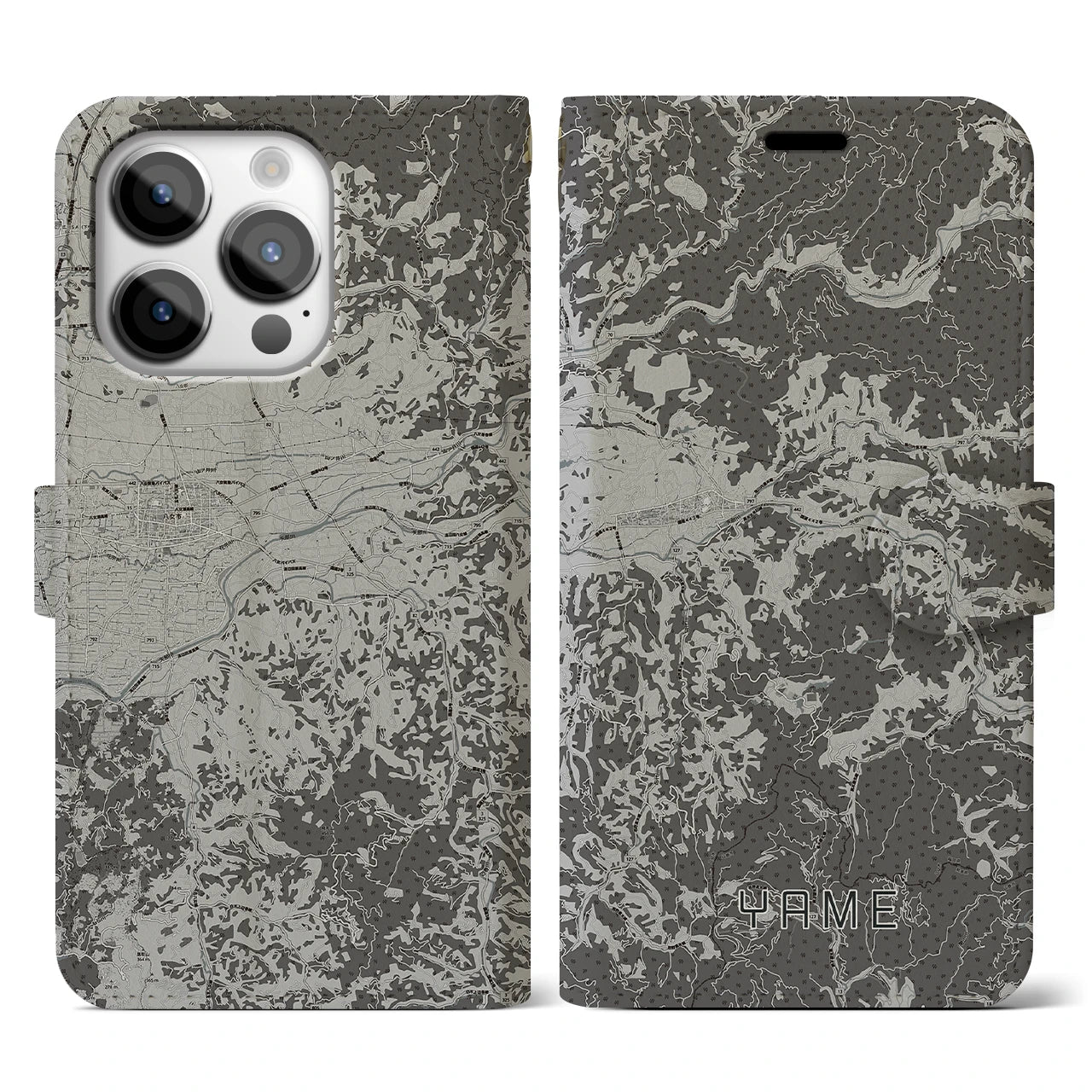 【八女(福岡県)】地図柄iPhoneケース(手帳タイプ)モノトーン・iPhone 14 Pro 用