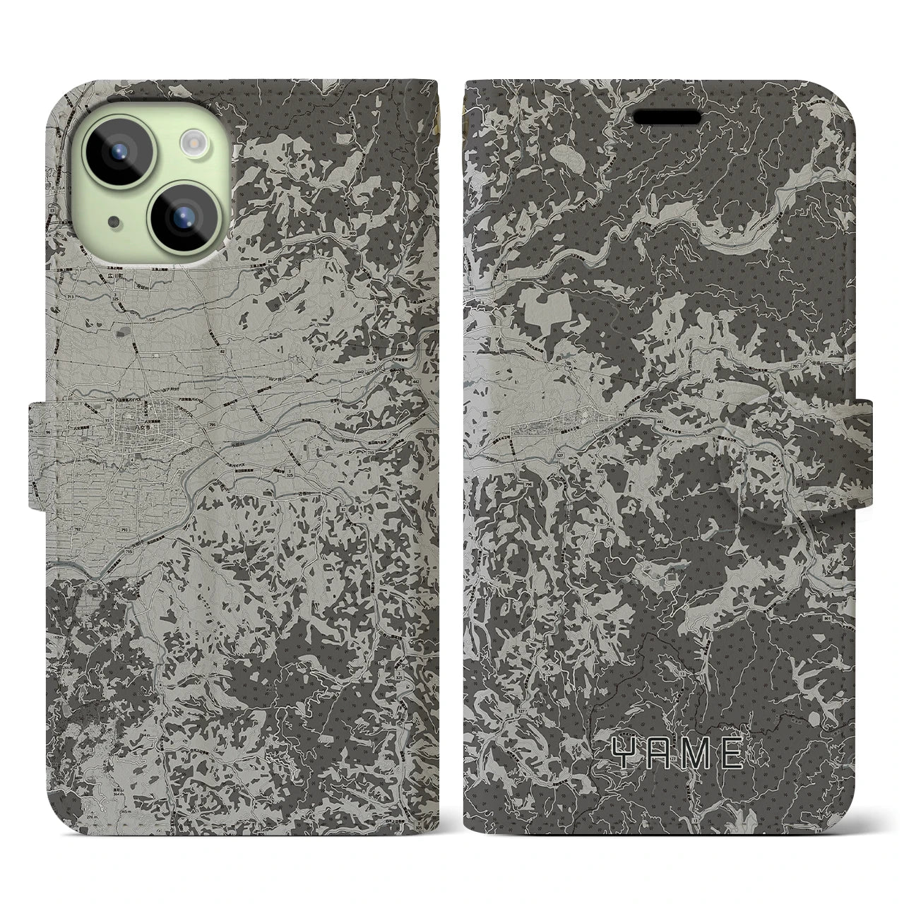 【八女(福岡県)】地図柄iPhoneケース(手帳タイプ)モノトーン・iPhone 15 用