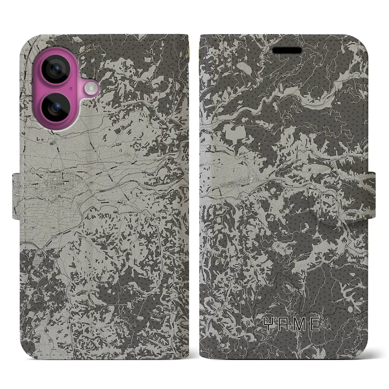 【八女(福岡県)】地図柄iPhoneケース(手帳タイプ)モノトーン・iPhone 16 Pro 用