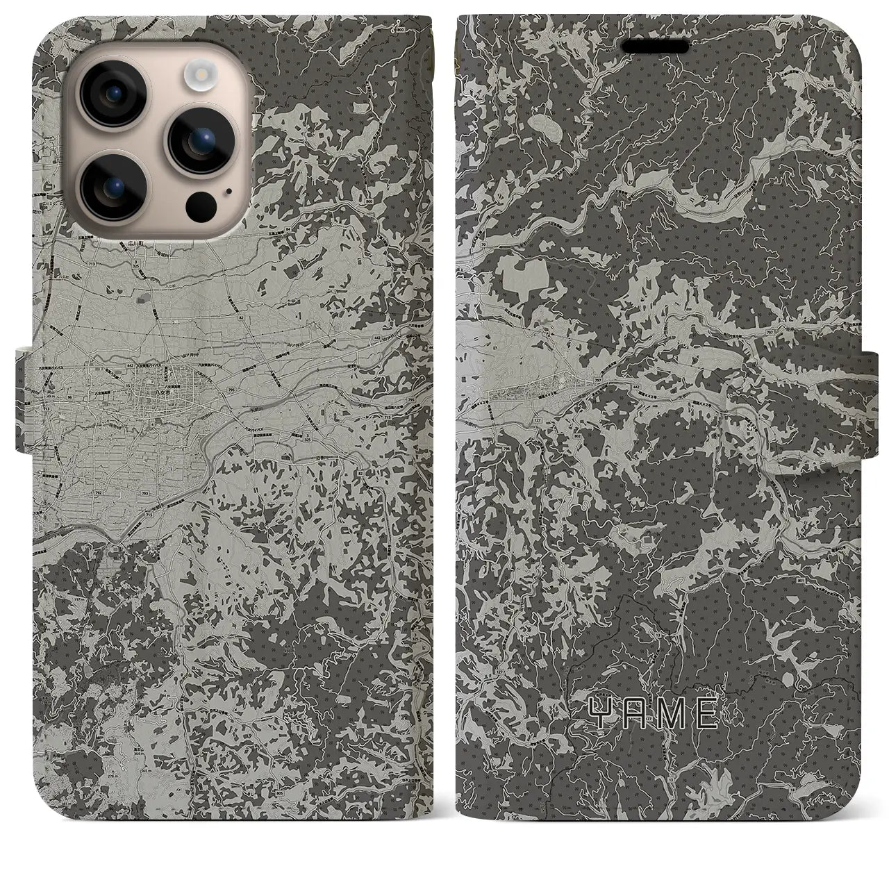 【八女(福岡県)】地図柄iPhoneケース(手帳タイプ)モノトーン・iPhone 16 Plus 用