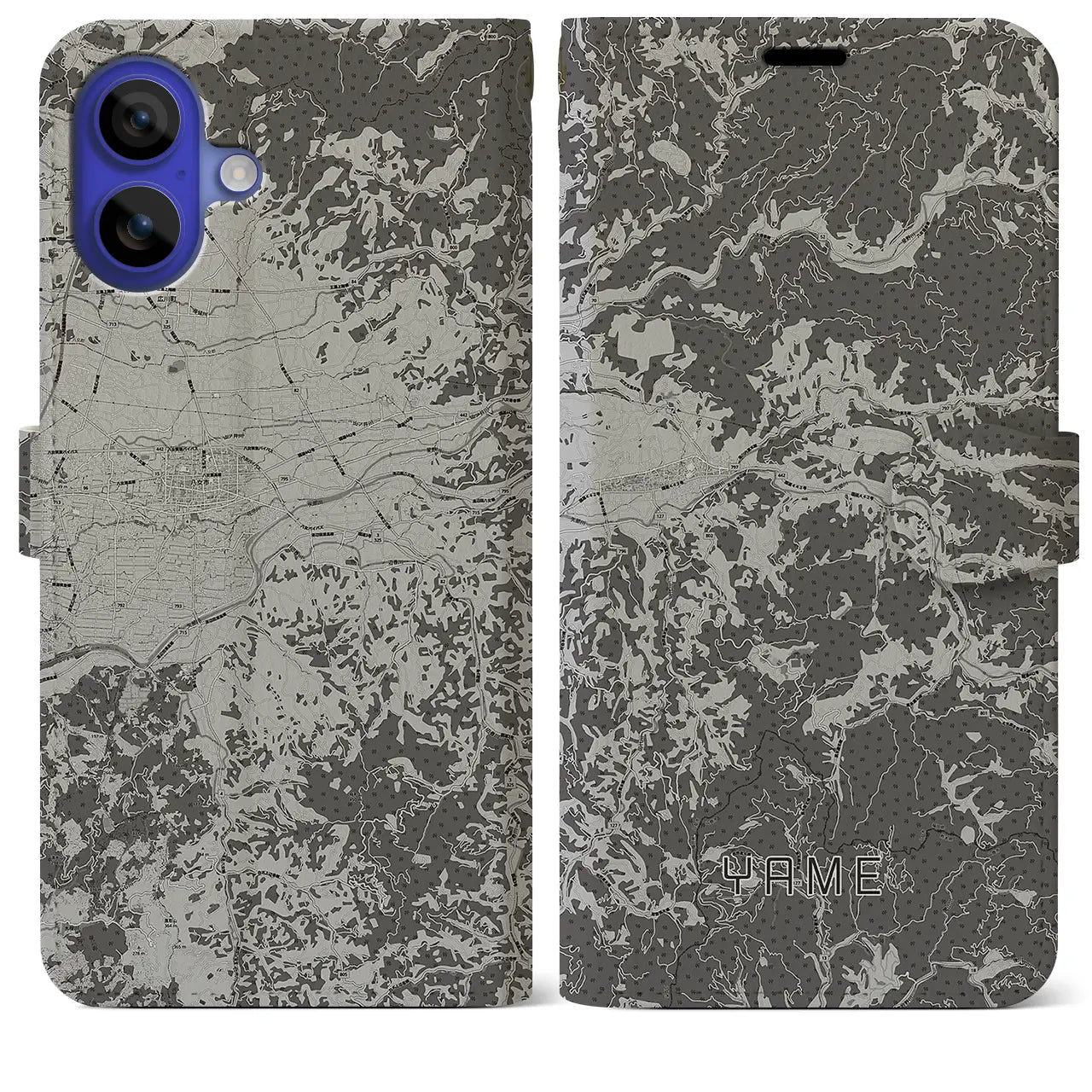 【八女(福岡県)】地図柄iPhoneケース(手帳タイプ)モノトーン・iPhone 16 Pro Max 用