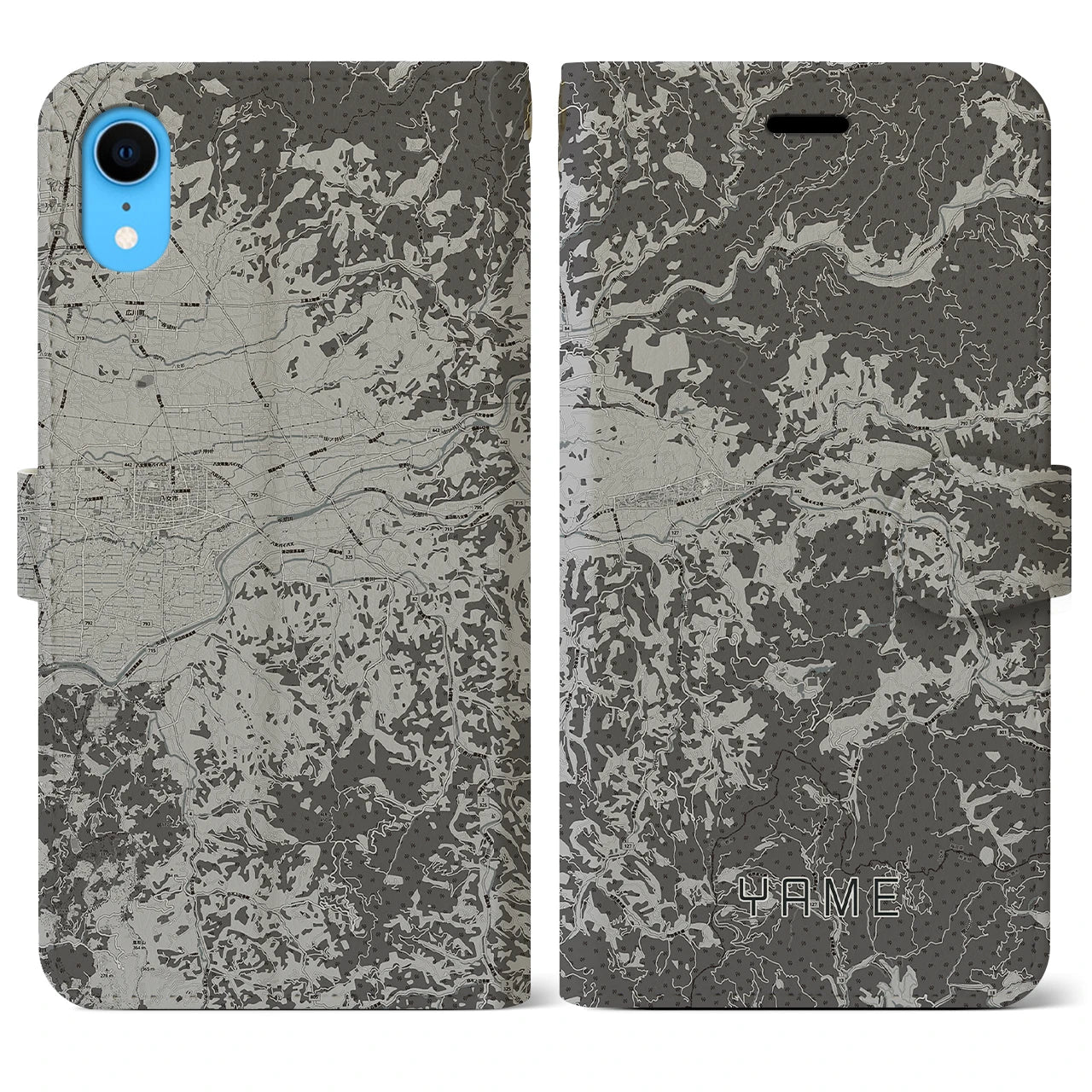 【八女(福岡県)】地図柄iPhoneケース(手帳タイプ)モノトーン・iPhone XR 用