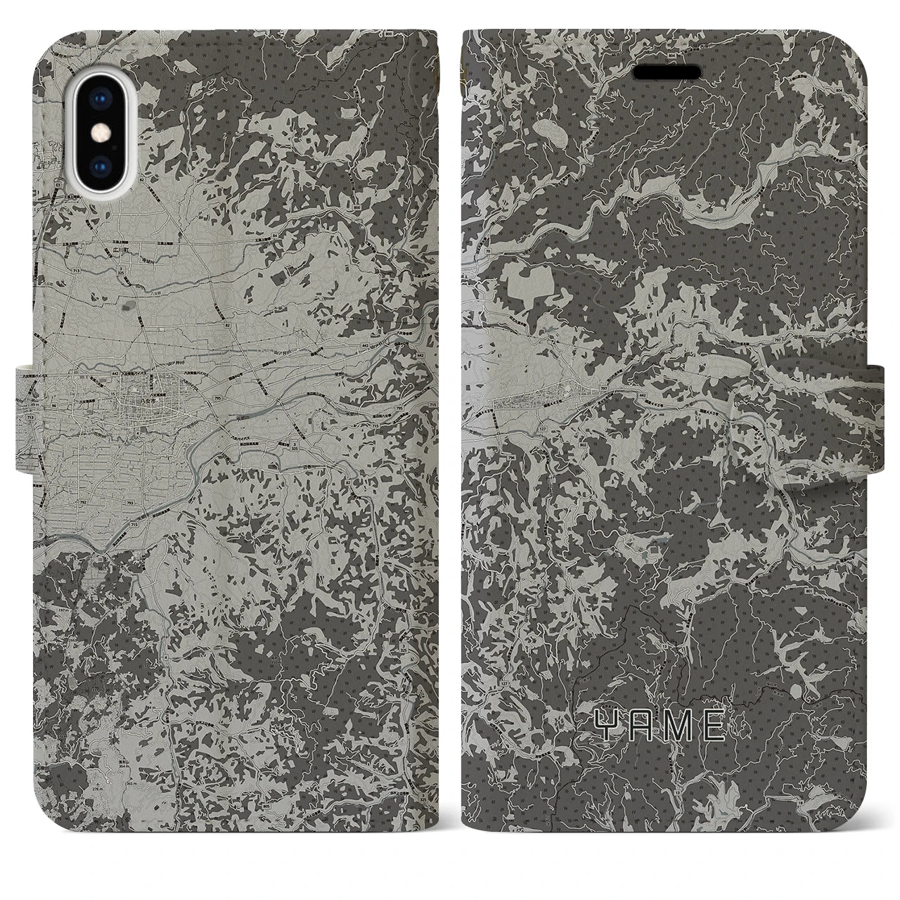 【八女(福岡県)】地図柄iPhoneケース(手帳タイプ)モノトーン・iPhone XS Max 用