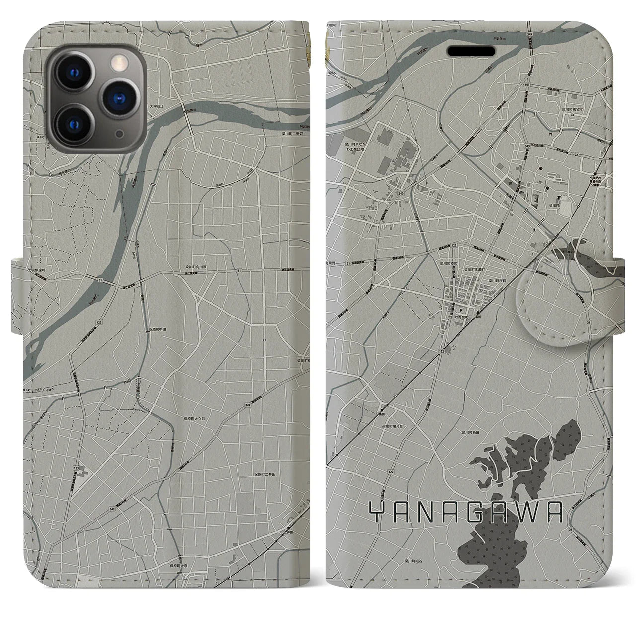 【梁川(福島県)】地図柄iPhoneケース(手帳タイプ)モノトーン・iPhone 11 Pro Max 用