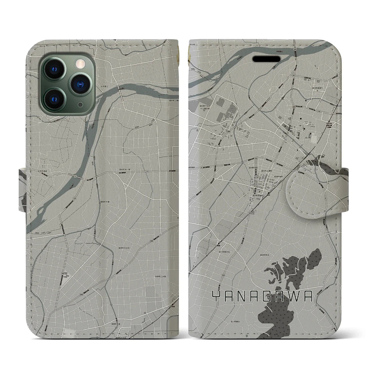 【梁川(福島県)】地図柄iPhoneケース(手帳タイプ)モノトーン・iPhone 11 Pro 用