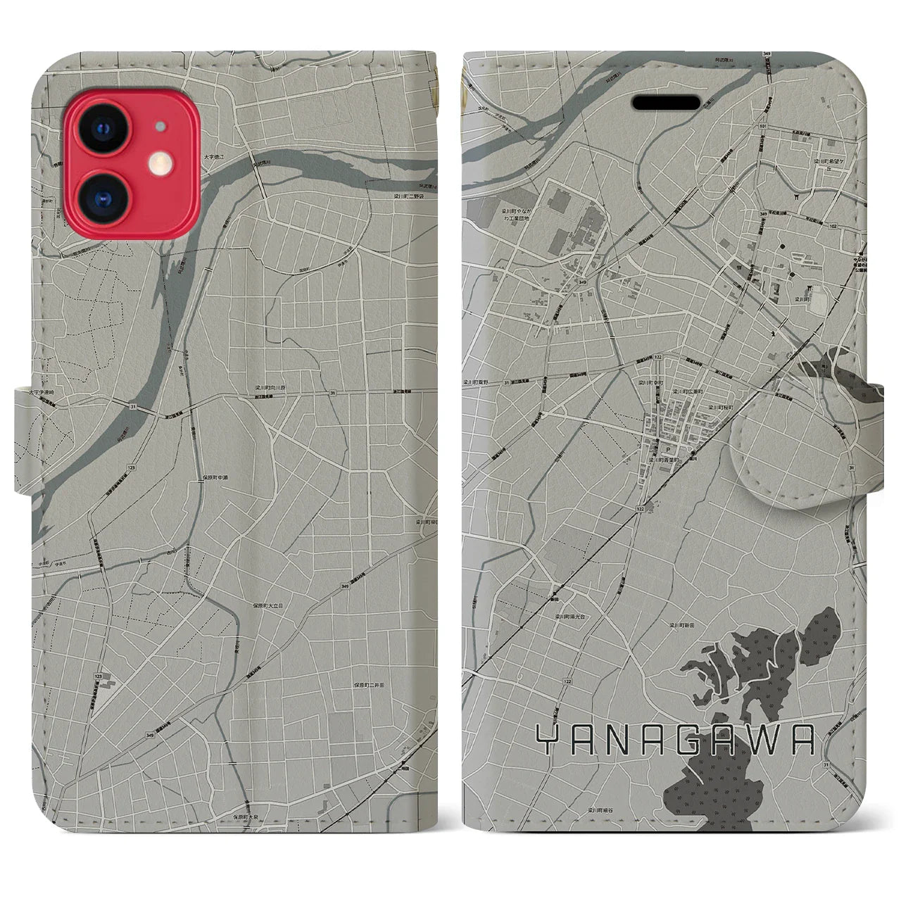 【梁川(福島県)】地図柄iPhoneケース(手帳タイプ)モノトーン・iPhone 11 用