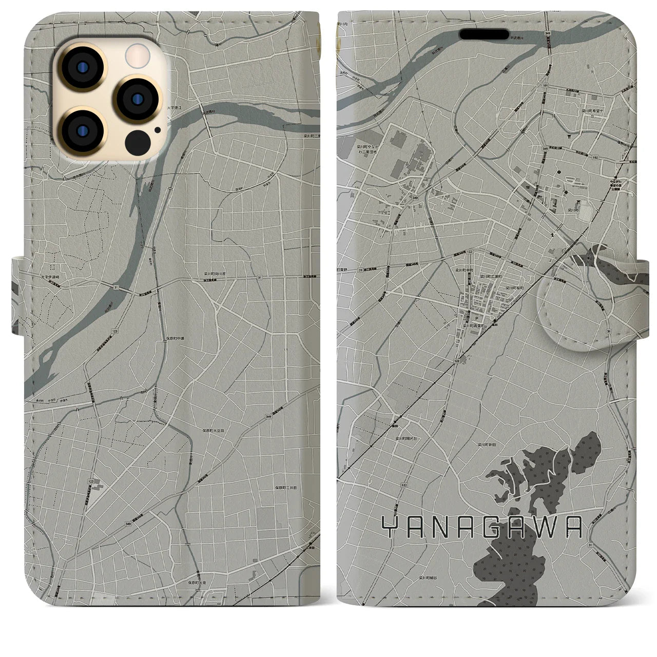 【梁川(福島県)】地図柄iPhoneケース(手帳タイプ)モノトーン・iPhone 12 Pro Max 用