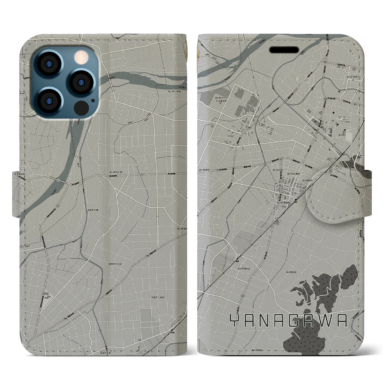 【梁川(福島県)】地図柄iPhoneケース(手帳タイプ)モノトーン・iPhone 12 / 12 Pro 用