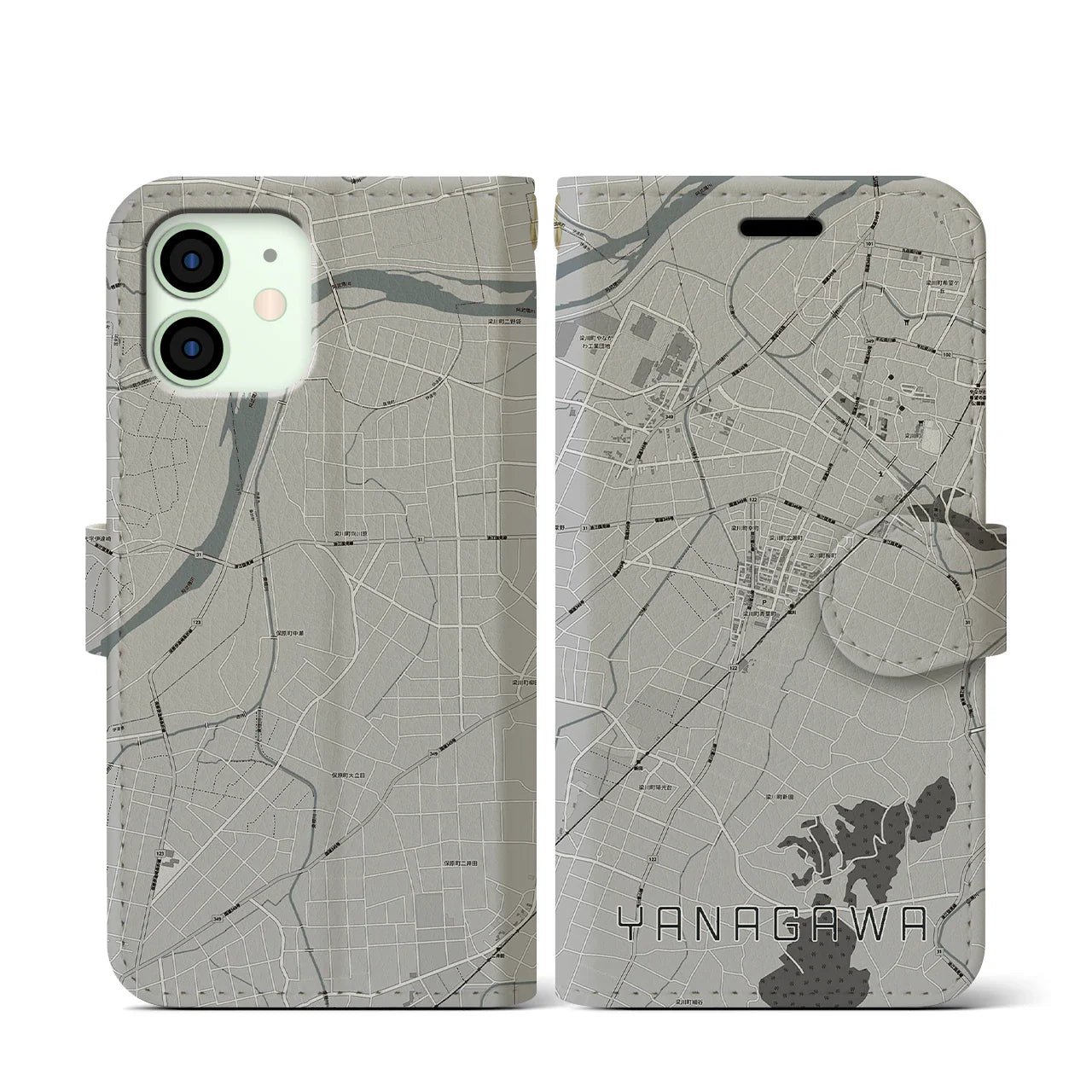 【梁川(福島県)】地図柄iPhoneケース(手帳タイプ)モノトーン・iPhone 12 mini 用