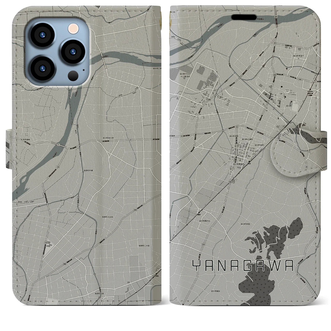 【梁川(福島県)】地図柄iPhoneケース(手帳タイプ)モノトーン・iPhone 13 Pro Max 用