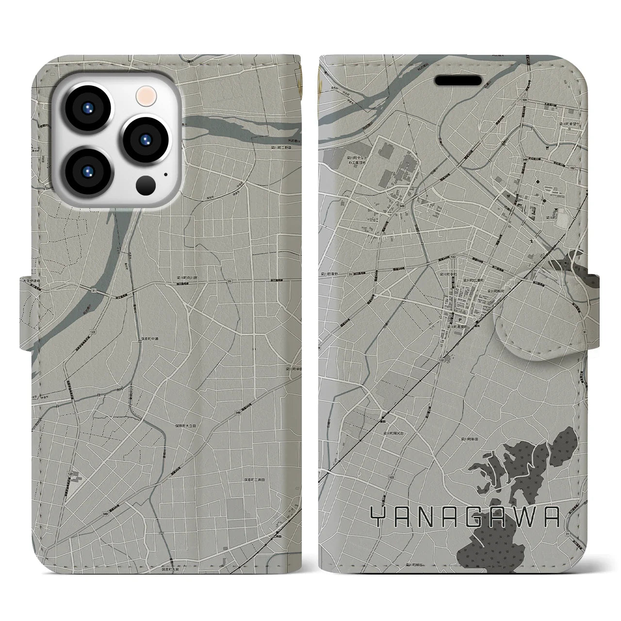 【梁川(福島県)】地図柄iPhoneケース(手帳タイプ)モノトーン・iPhone 13 Pro 用