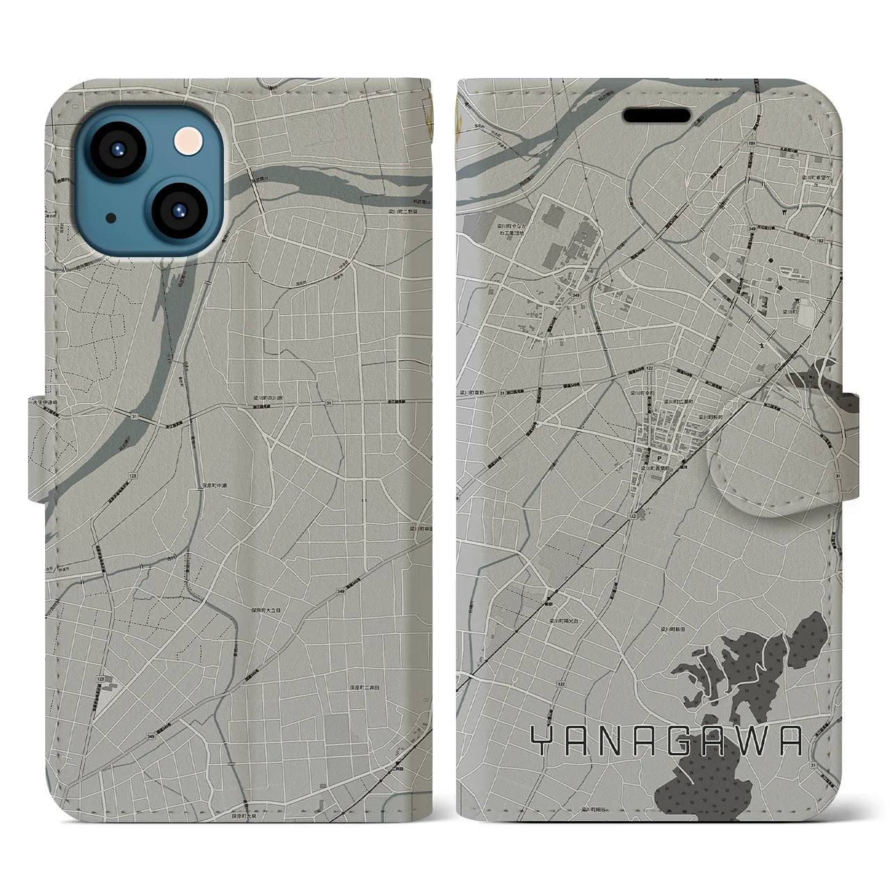 【梁川(福島県)】地図柄iPhoneケース(手帳タイプ)モノトーン・iPhone 13 用