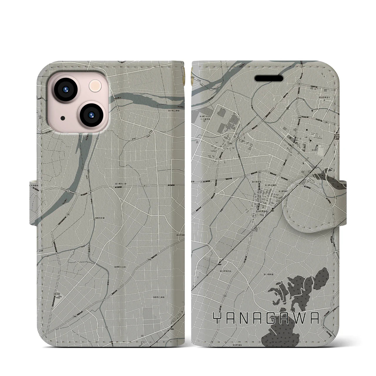 【梁川(福島県)】地図柄iPhoneケース(手帳タイプ)モノトーン・iPhone 13 mini 用