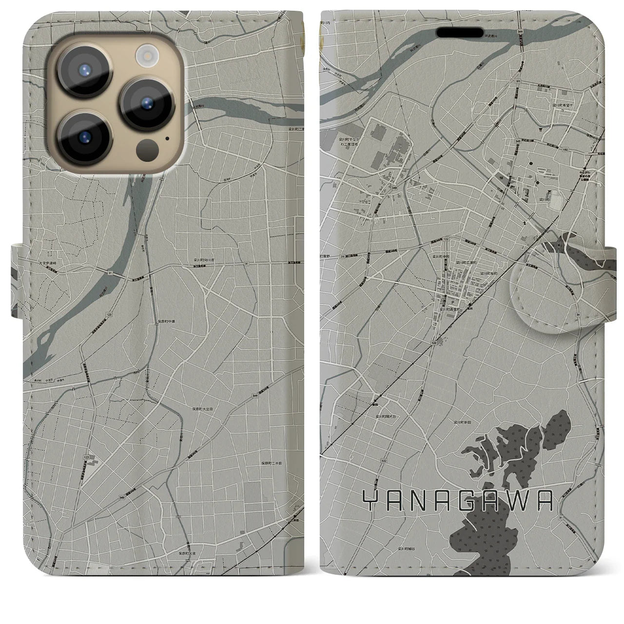 【梁川(福島県)】地図柄iPhoneケース(手帳タイプ)モノトーン・iPhone 14 Pro Max 用