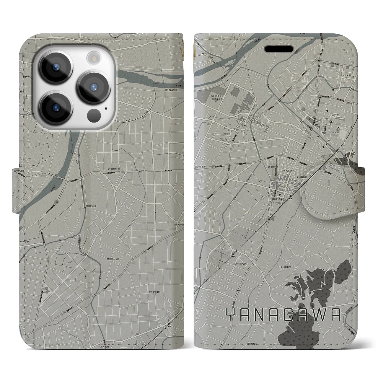 【梁川(福島県)】地図柄iPhoneケース(手帳タイプ)モノトーン・iPhone 14 Pro 用