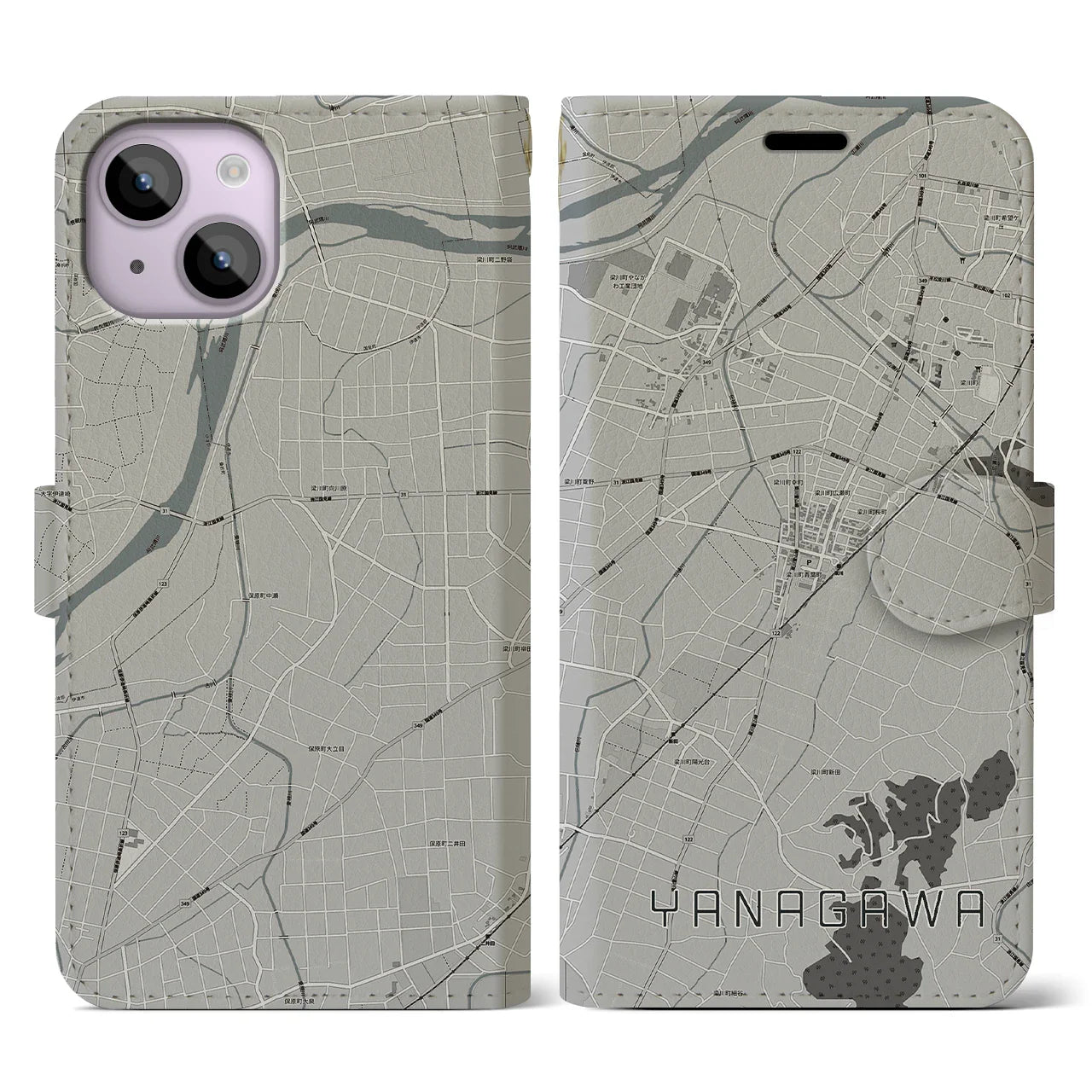 【梁川(福島県)】地図柄iPhoneケース(手帳タイプ)モノトーン・iPhone 14 用