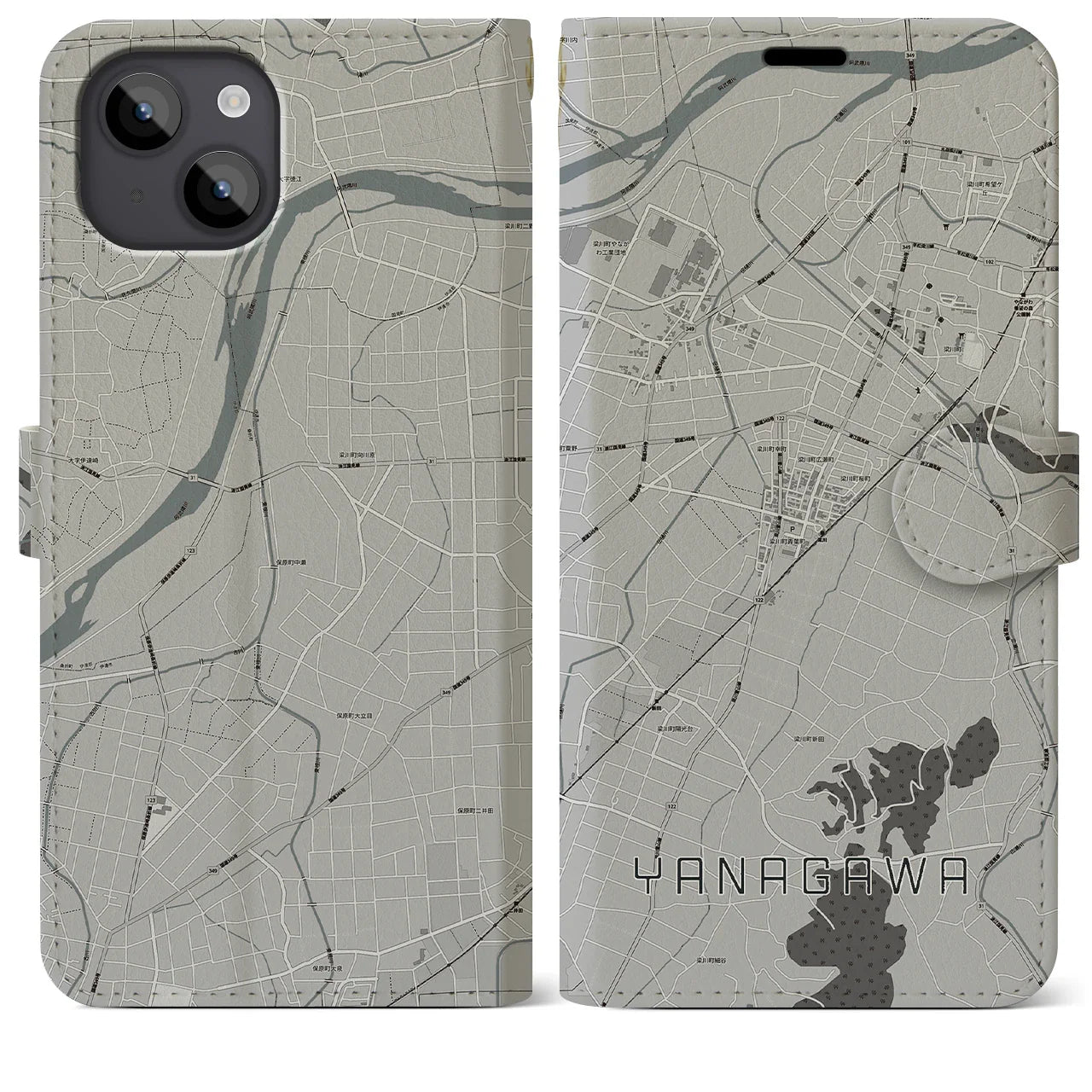 【梁川(福島県)】地図柄iPhoneケース(手帳タイプ)モノトーン・iPhone 14 Plus 用