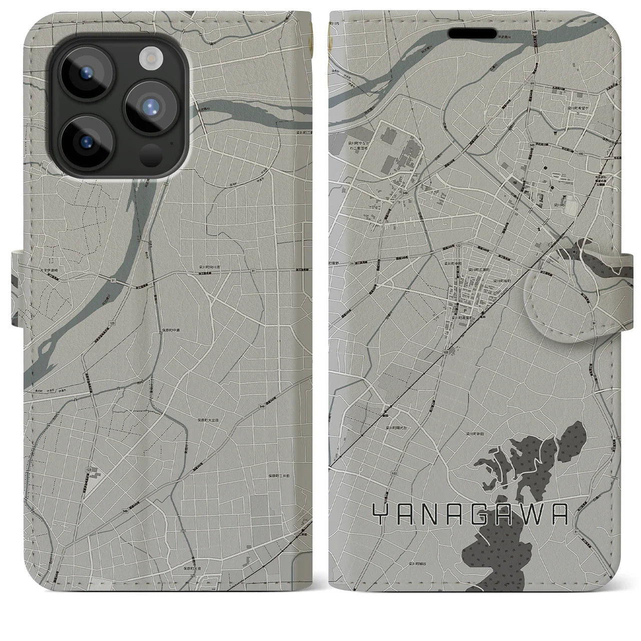 【梁川(福島県)】地図柄iPhoneケース(手帳タイプ)モノトーン・iPhone 15 Pro Max 用