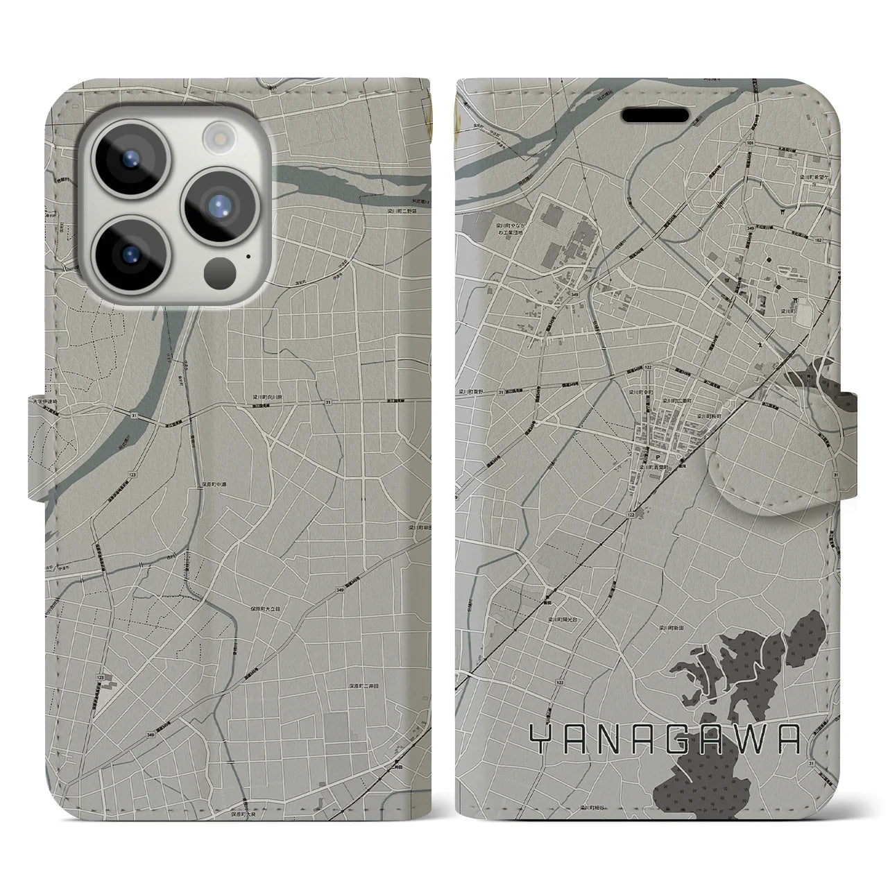 【梁川(福島県)】地図柄iPhoneケース(手帳タイプ)モノトーン・iPhone 15 Pro 用