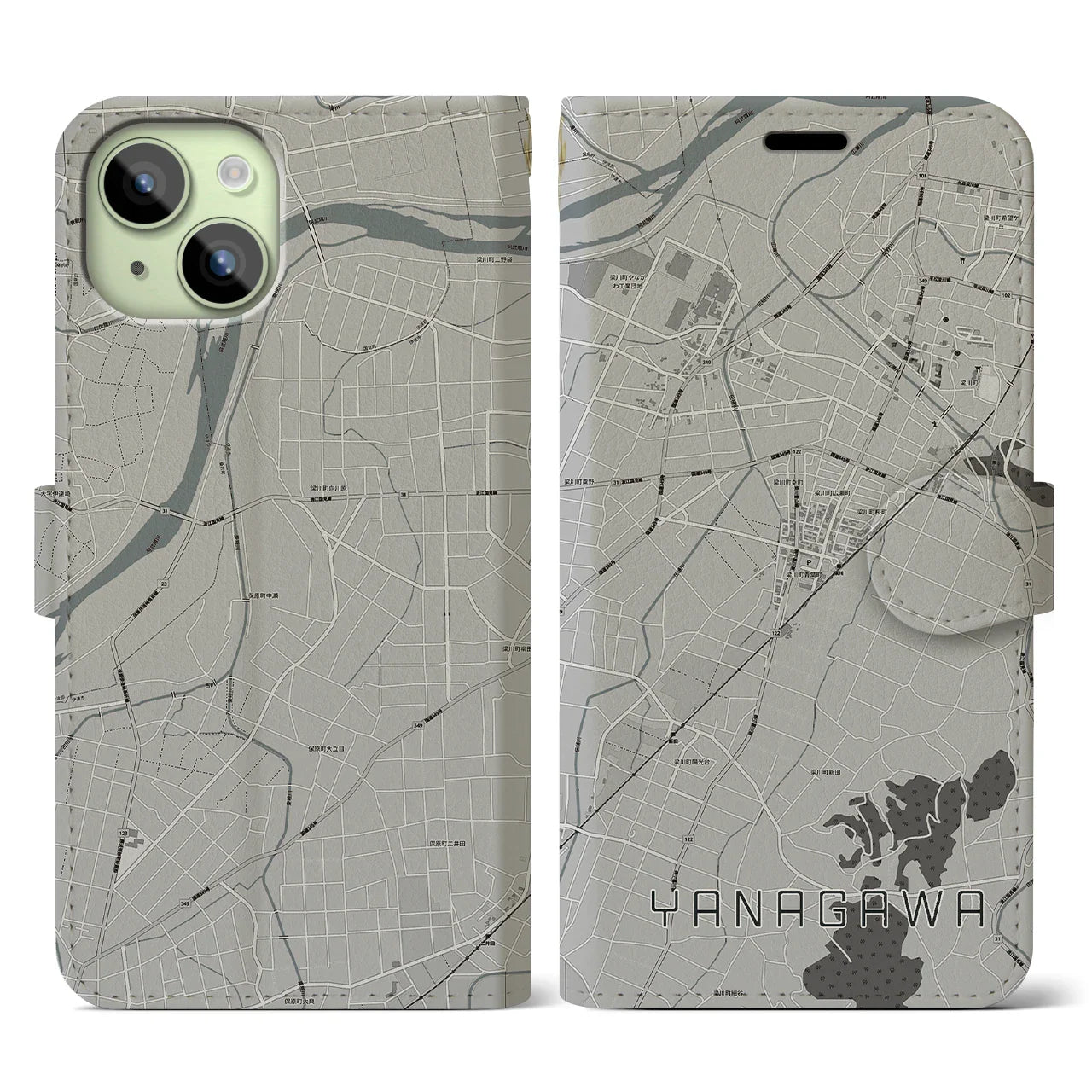 【梁川(福島県)】地図柄iPhoneケース(手帳タイプ)モノトーン・iPhone 15 用