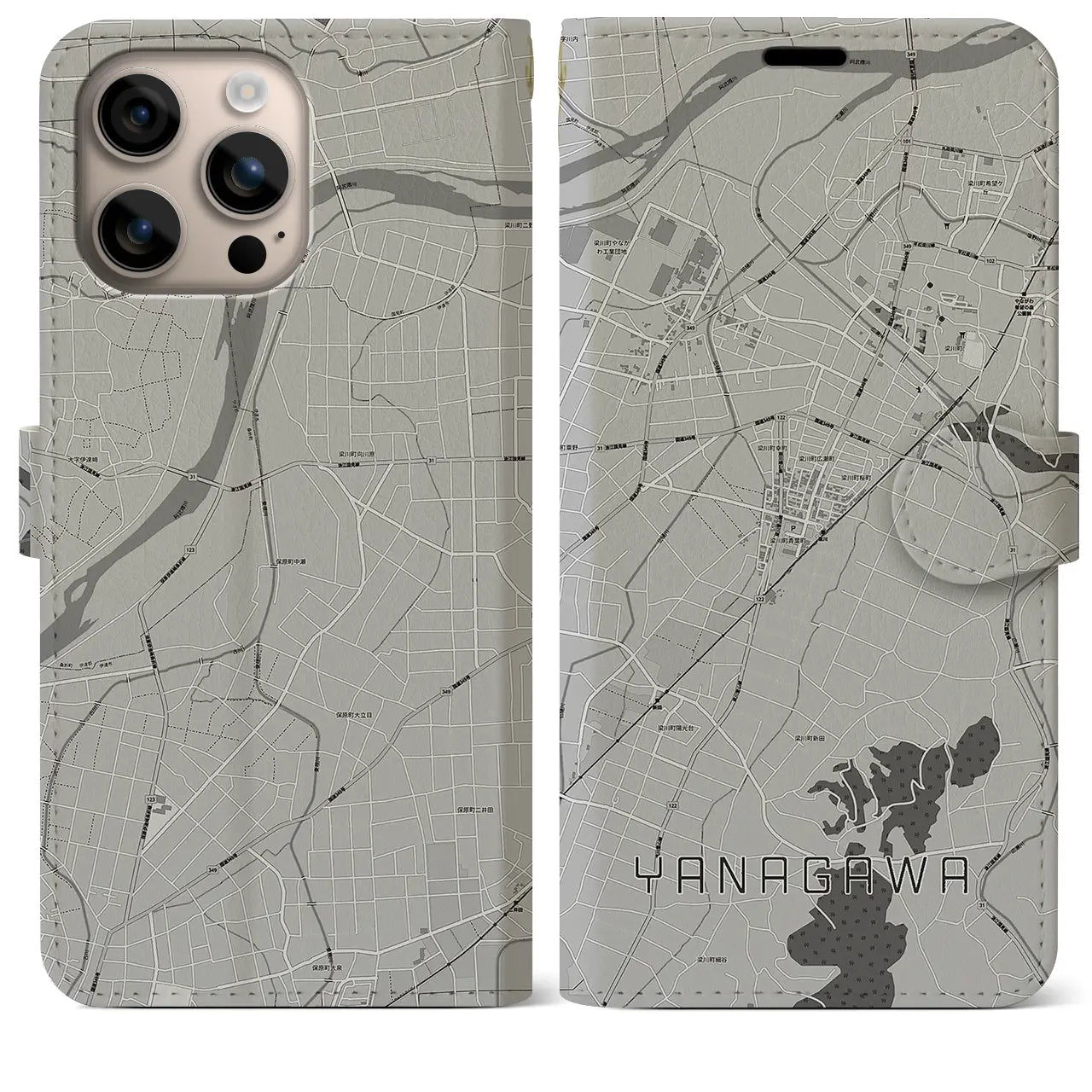 【梁川(福島県)】地図柄iPhoneケース(手帳タイプ)モノトーン・iPhone 16 Plus 用