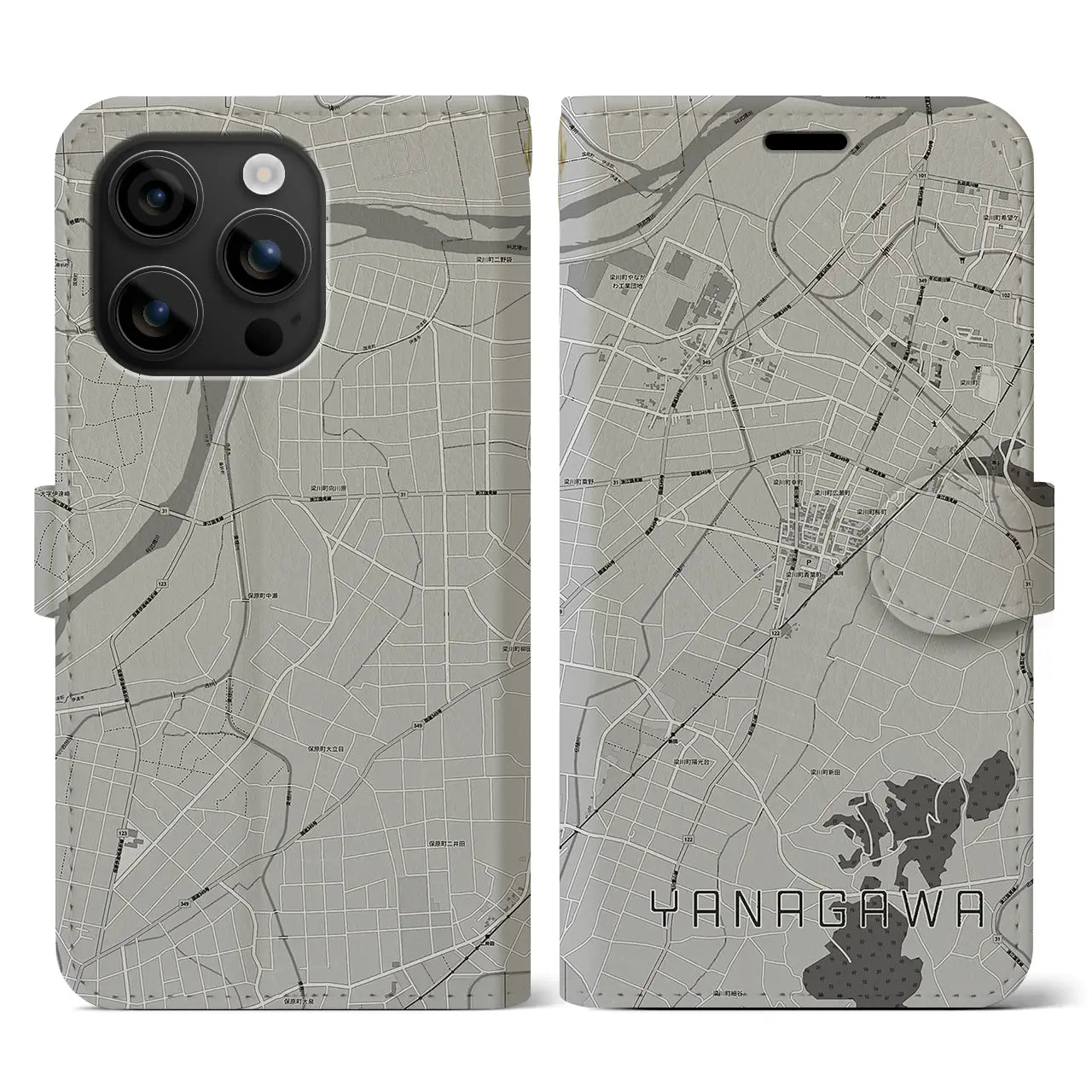 【梁川(福島県)】地図柄iPhoneケース(手帳タイプ)モノトーン・iPhone 16 用