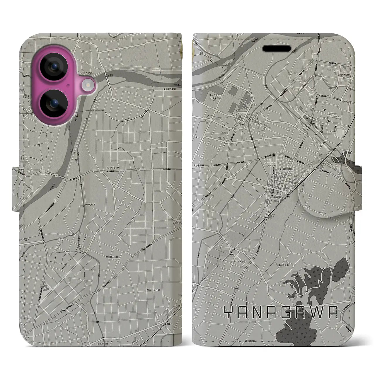 【梁川(福島県)】地図柄iPhoneケース(手帳タイプ)モノトーン・iPhone 16 Pro 用