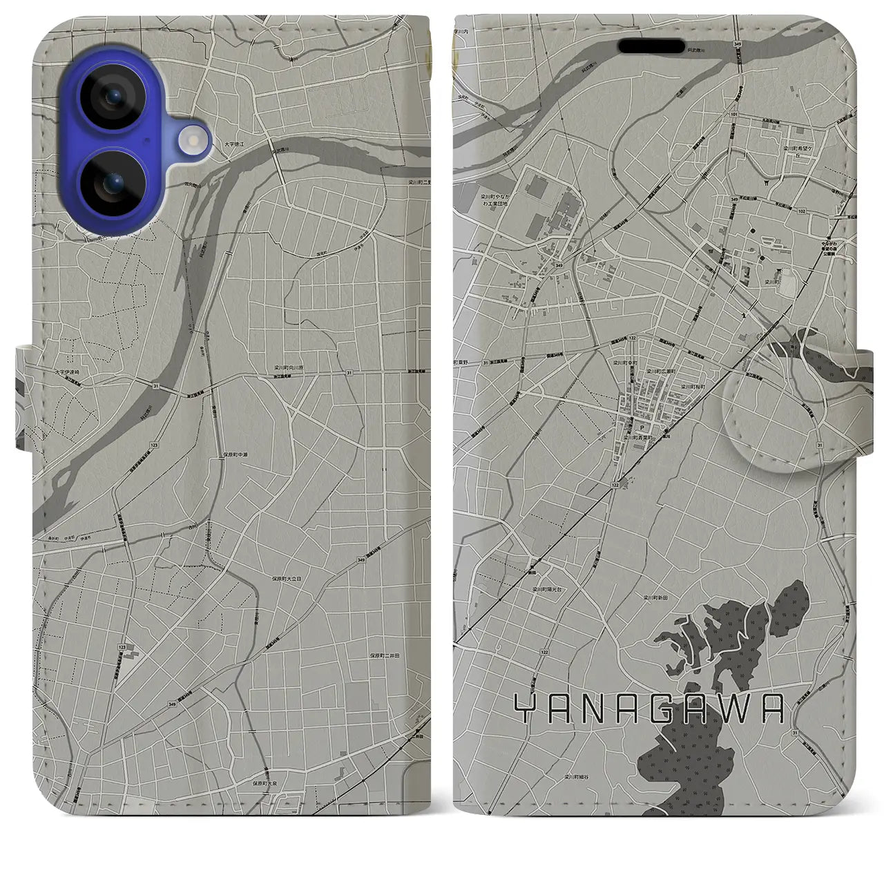 【梁川(福島県)】地図柄iPhoneケース(手帳タイプ)モノトーン・iPhone 16 Pro Max 用