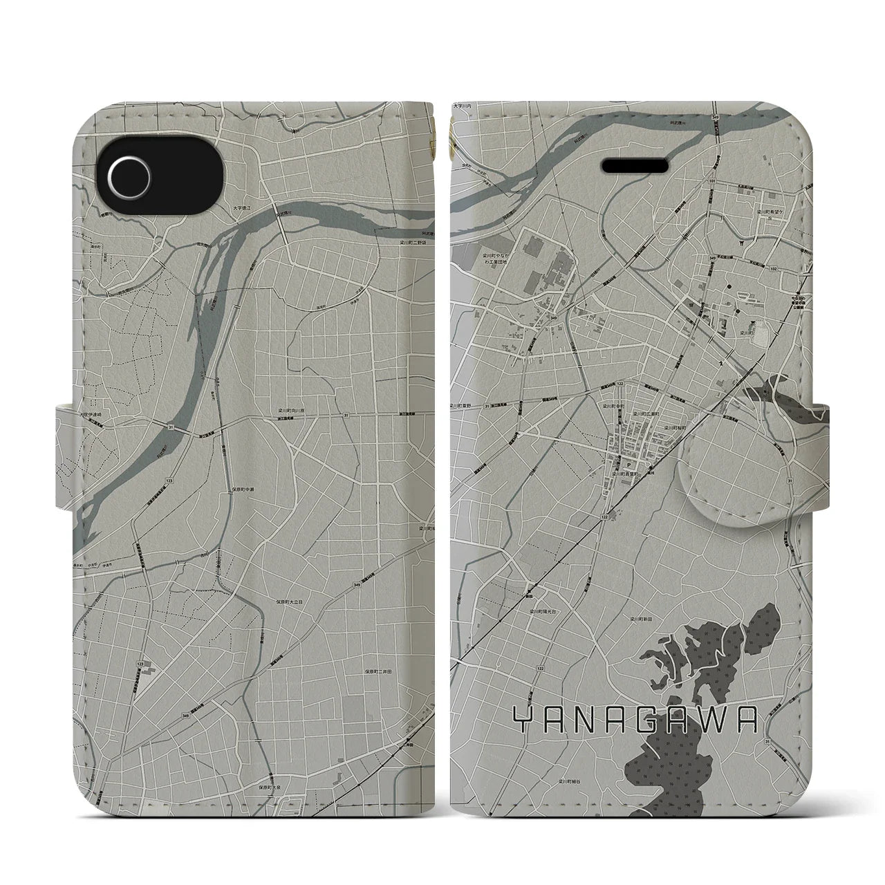 【梁川(福島県)】地図柄iPhoneケース(手帳タイプ)モノトーン・iPhone SE(第3 / 第2世代) / 8 / 7 / 6s / 6 用