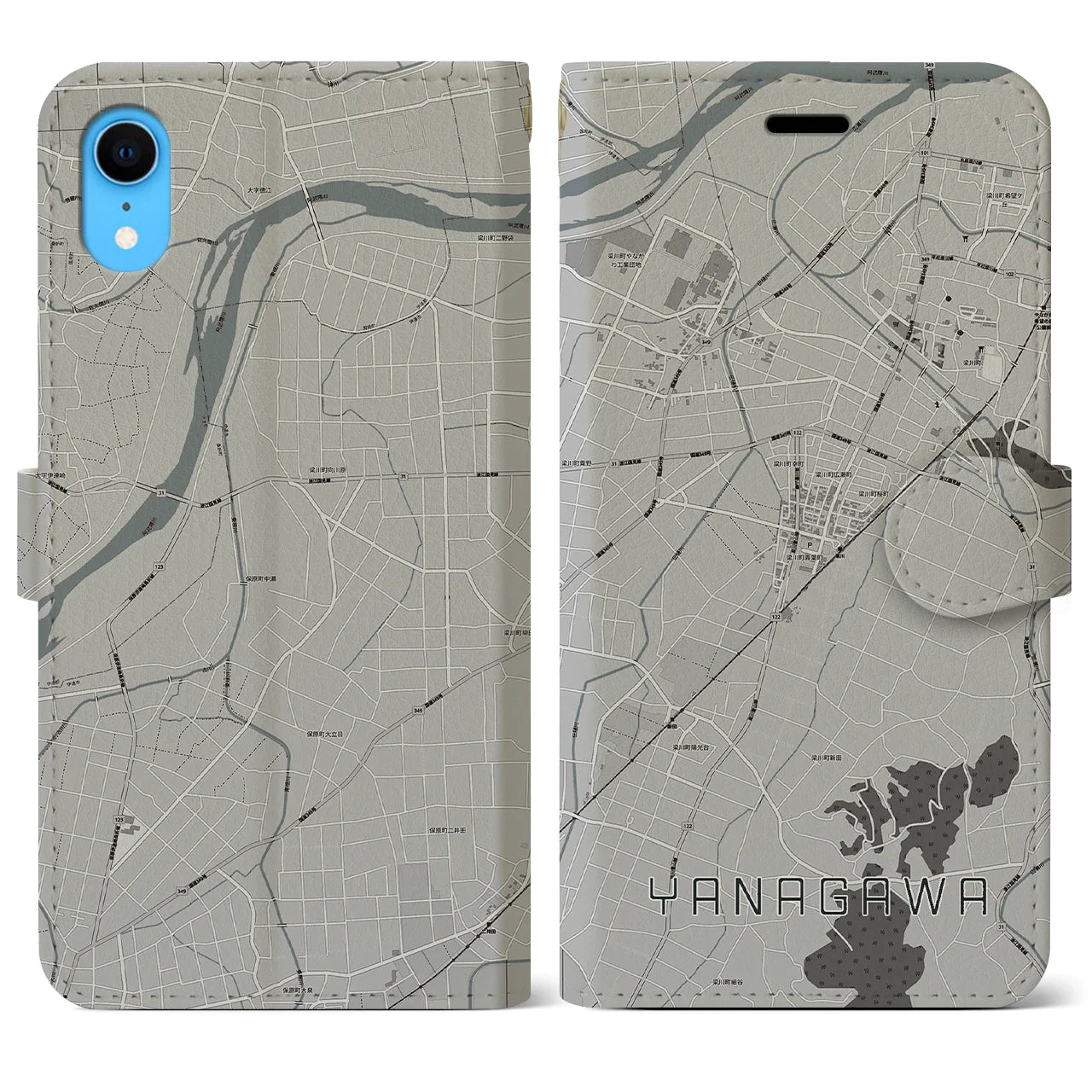 【梁川(福島県)】地図柄iPhoneケース(手帳タイプ)モノトーン・iPhone XR 用