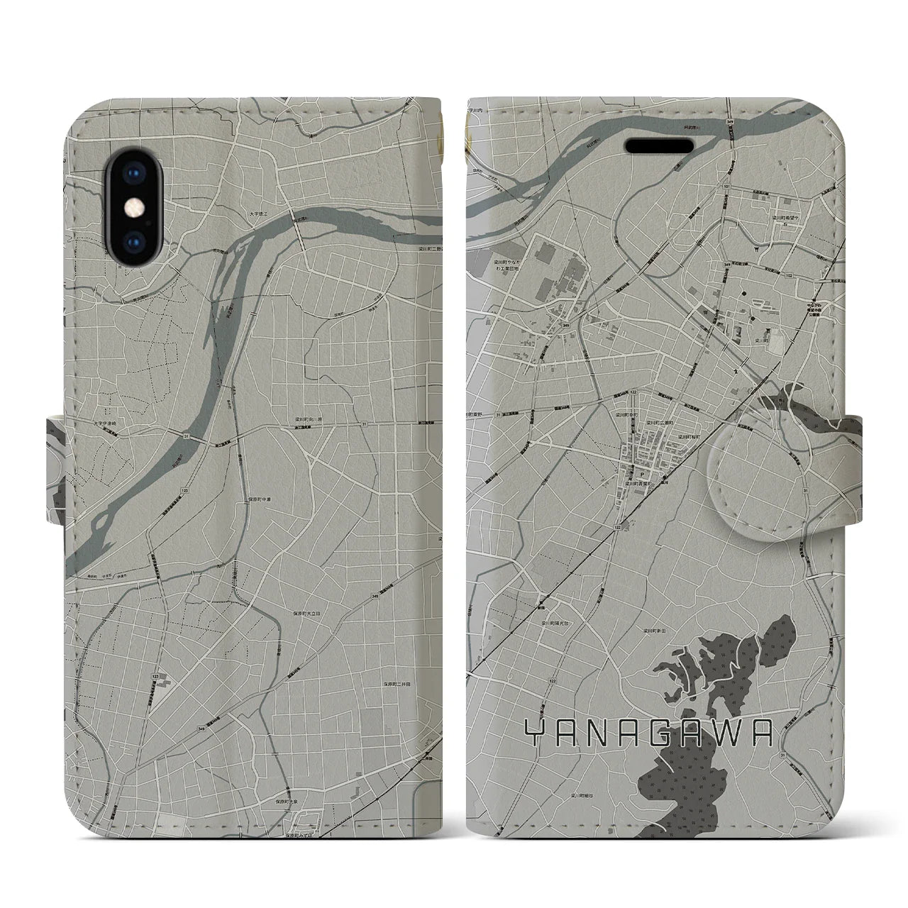 【梁川(福島県)】地図柄iPhoneケース(手帳タイプ)モノトーン・iPhone XS / X 用