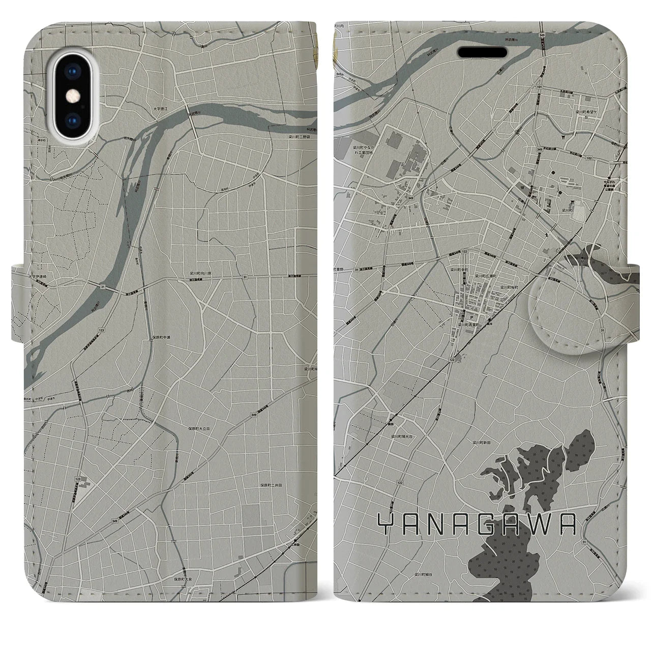 【梁川(福島県)】地図柄iPhoneケース(手帳タイプ)モノトーン・iPhone XS Max 用