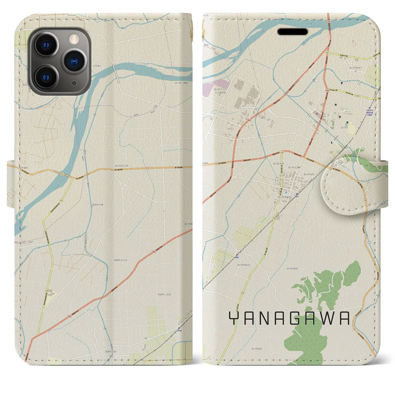 【梁川(福島県)】地図柄iPhoneケース(手帳タイプ)ナチュラル・iPhone 11 Pro Max 用