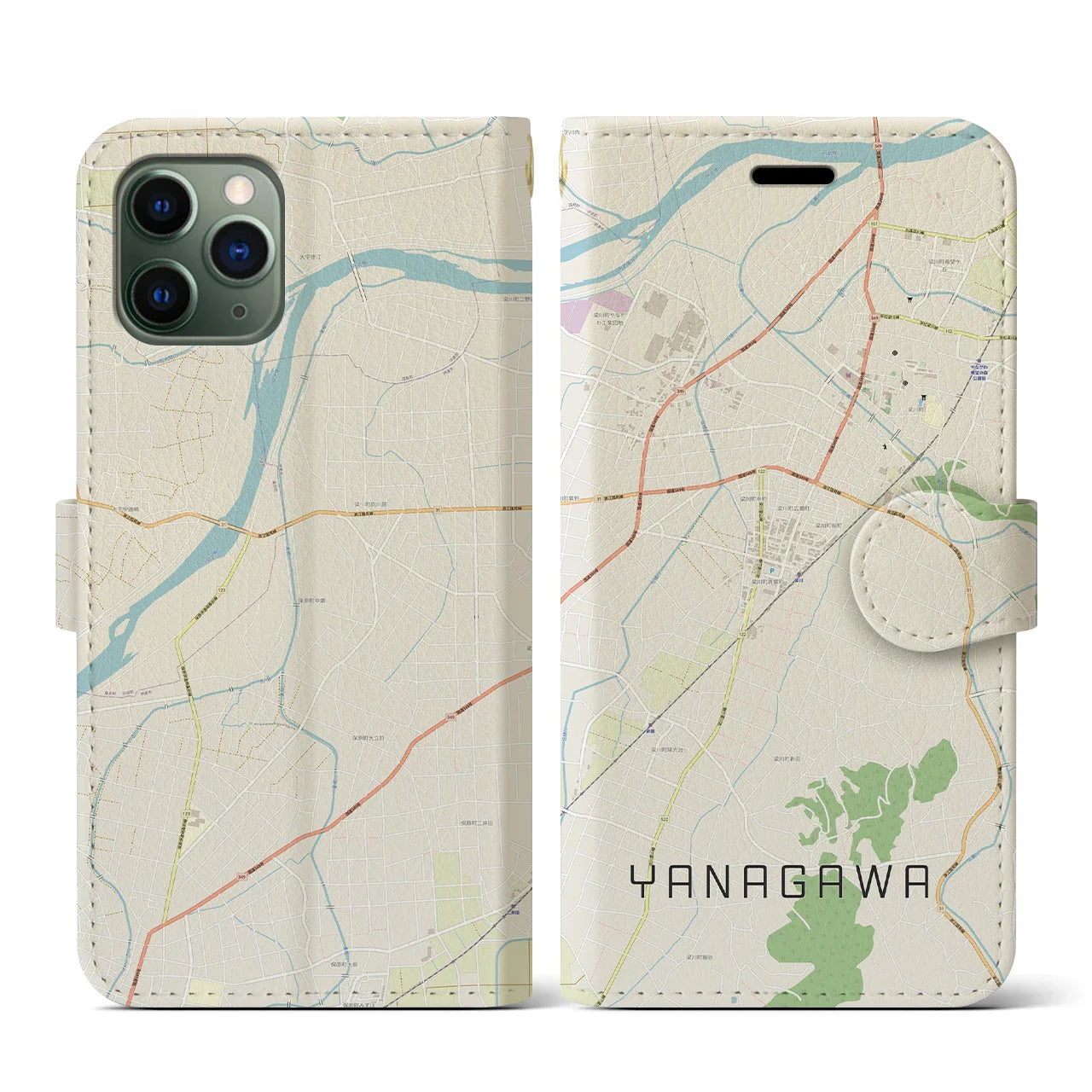【梁川(福島県)】地図柄iPhoneケース(手帳タイプ)ナチュラル・iPhone 11 Pro 用