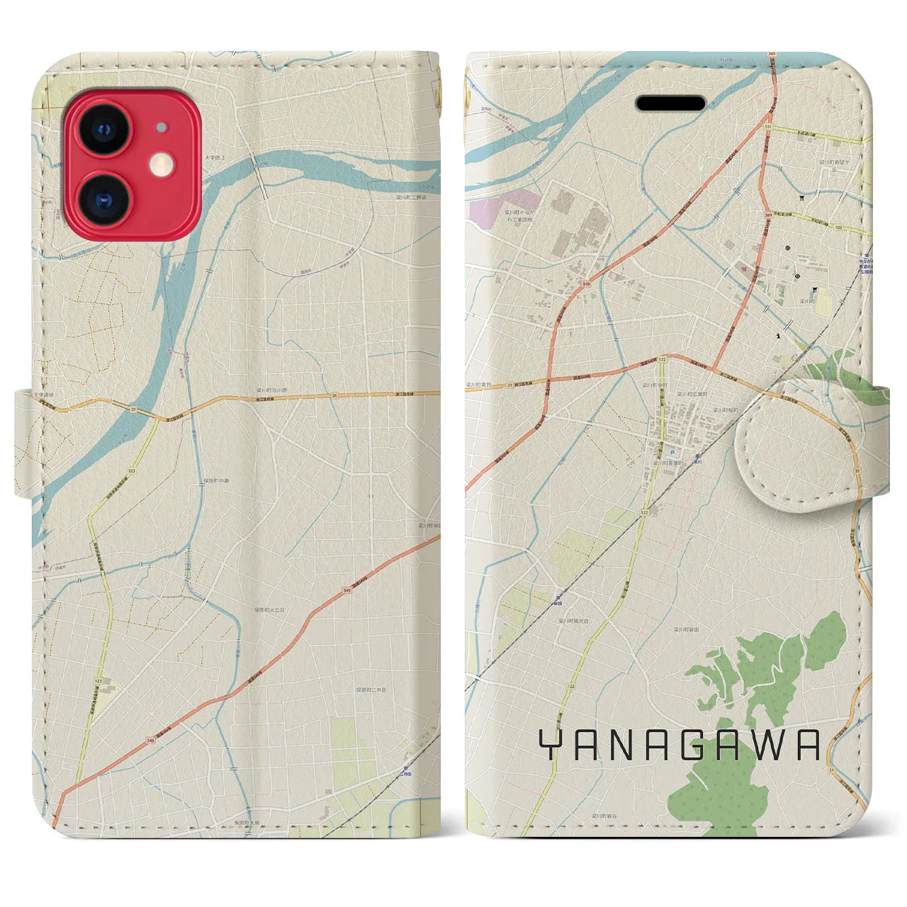 【梁川(福島県)】地図柄iPhoneケース(手帳タイプ)ナチュラル・iPhone 11 用