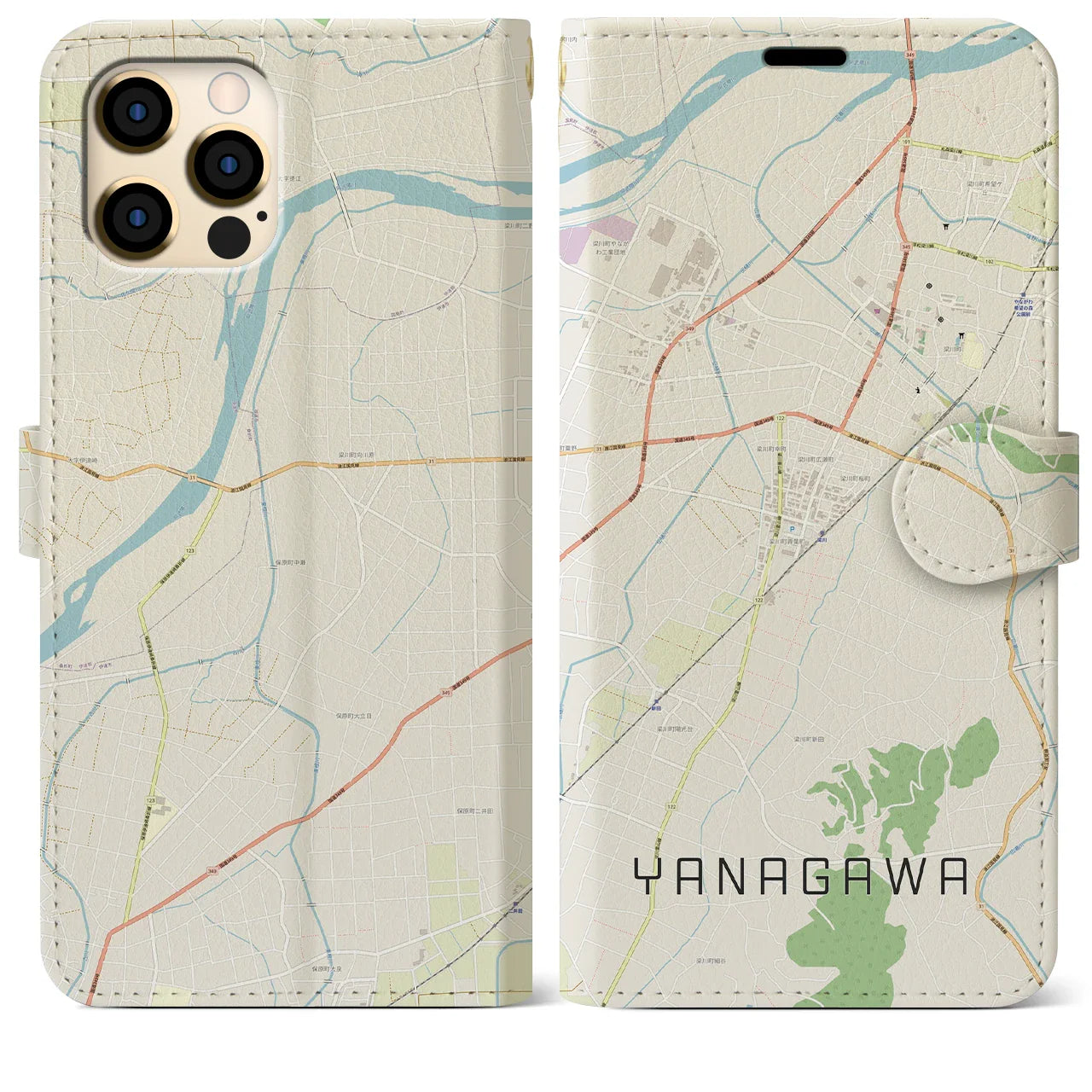 【梁川(福島県)】地図柄iPhoneケース(手帳タイプ)ナチュラル・iPhone 12 Pro Max 用