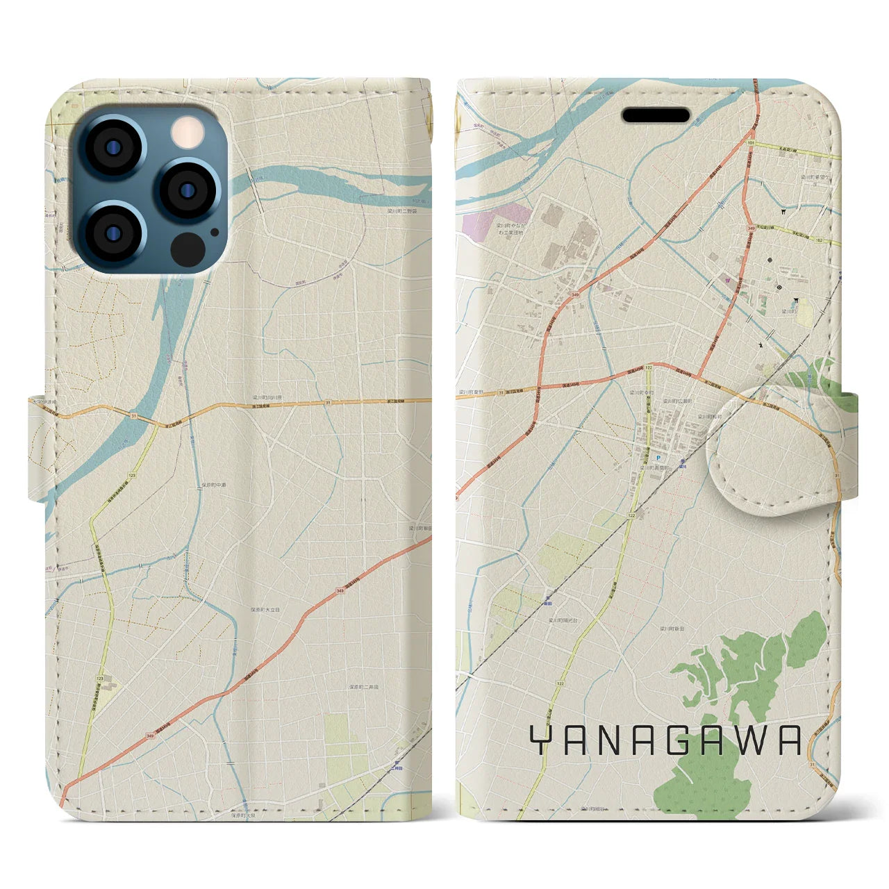 【梁川(福島県)】地図柄iPhoneケース(手帳タイプ)ナチュラル・iPhone 12 / 12 Pro 用