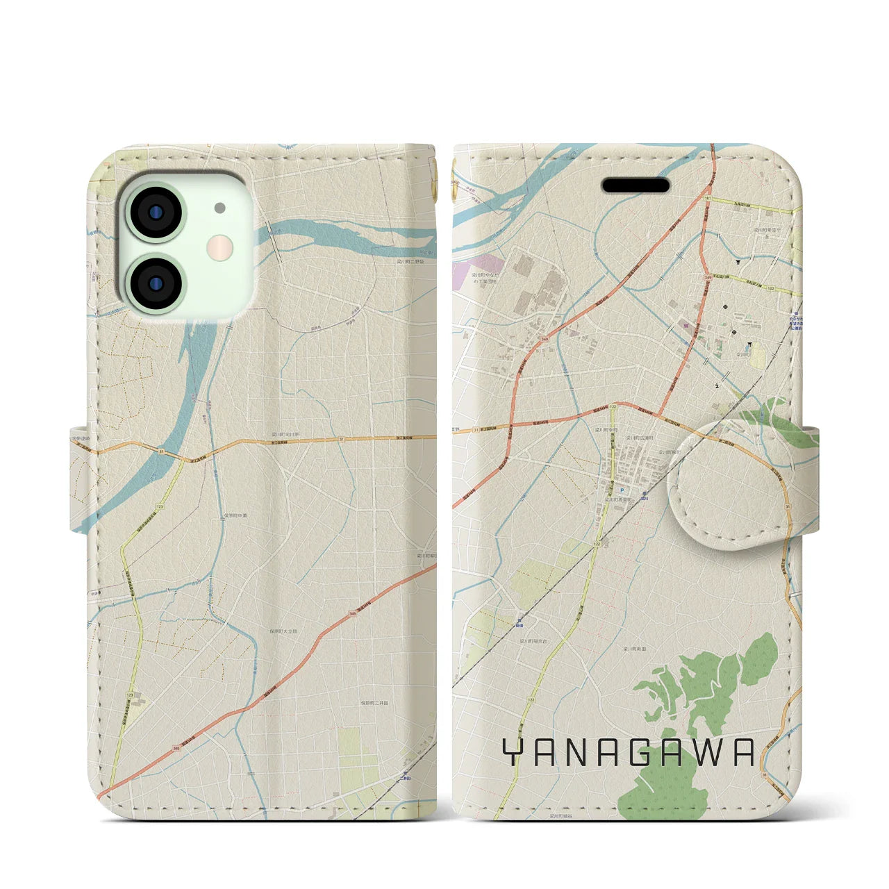 【梁川(福島県)】地図柄iPhoneケース(手帳タイプ)ナチュラル・iPhone 12 mini 用