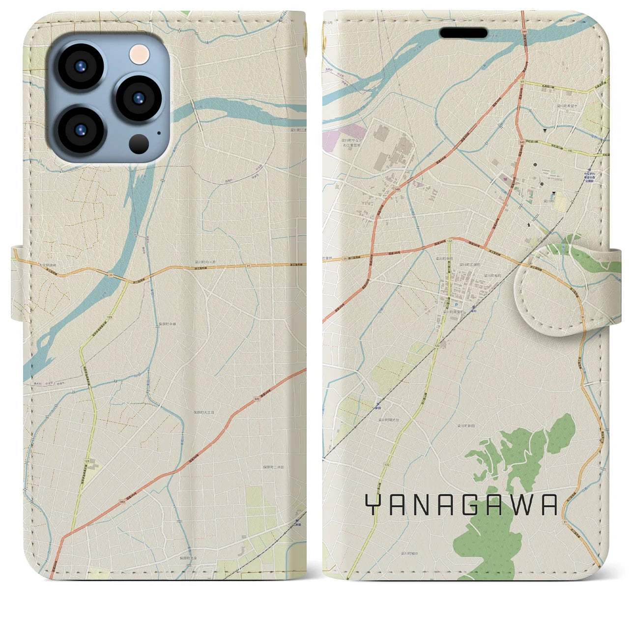 【梁川(福島県)】地図柄iPhoneケース(手帳タイプ)ナチュラル・iPhone 13 Pro Max 用