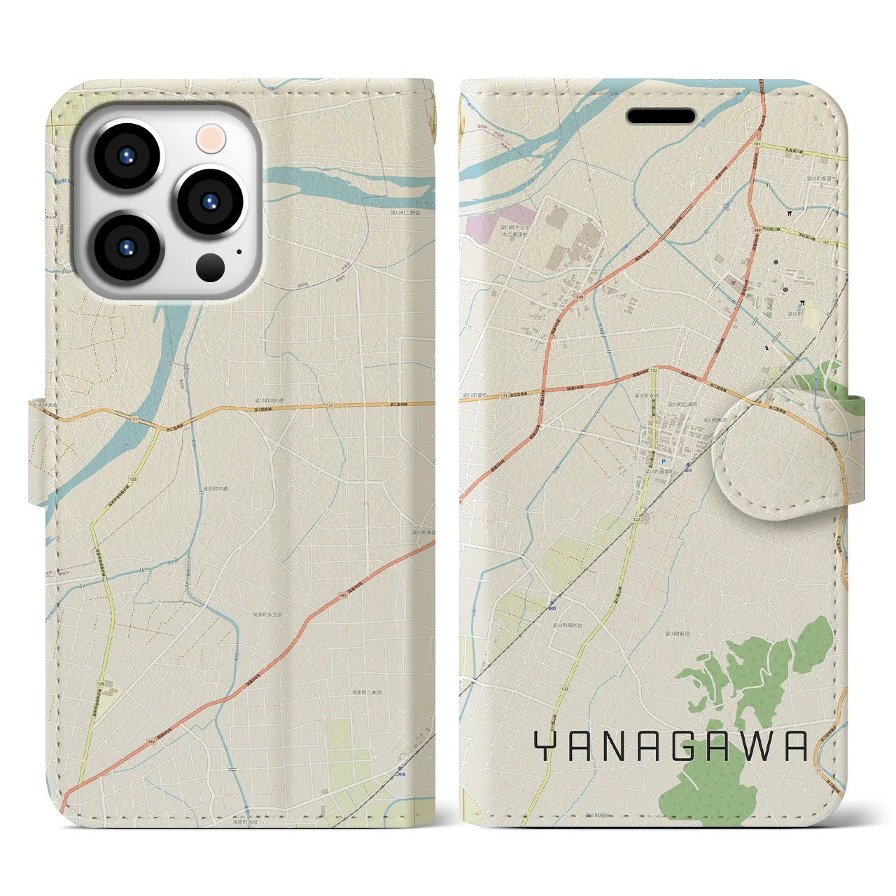 【梁川(福島県)】地図柄iPhoneケース(手帳タイプ)ナチュラル・iPhone 13 Pro 用