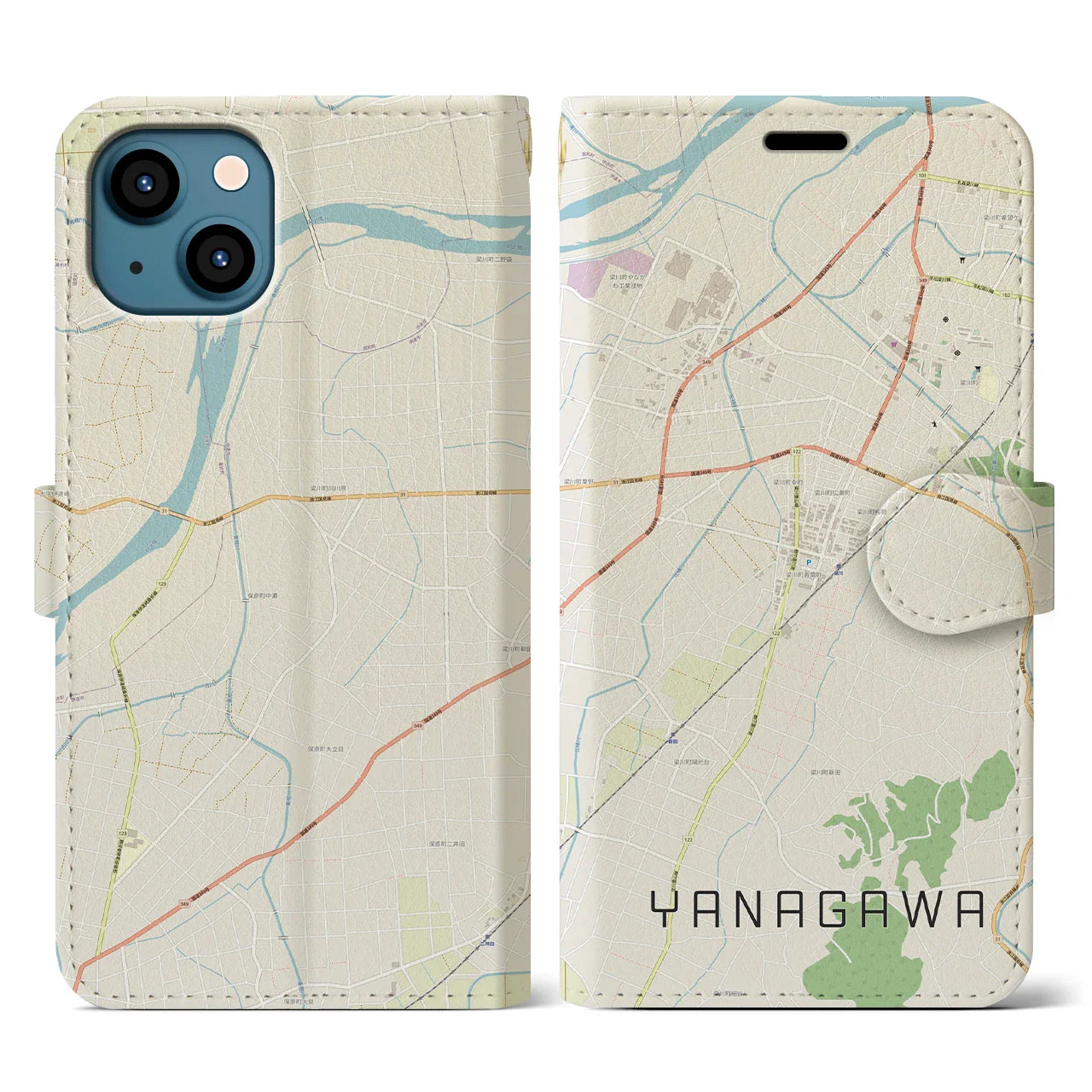 【梁川(福島県)】地図柄iPhoneケース(手帳タイプ)ナチュラル・iPhone 13 用