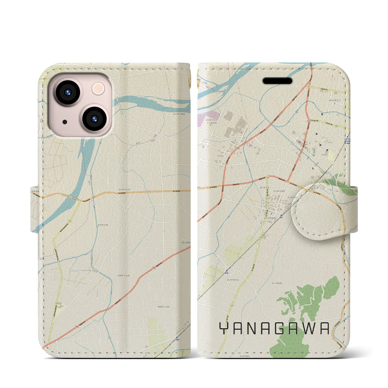 【梁川(福島県)】地図柄iPhoneケース(手帳タイプ)ナチュラル・iPhone 13 mini 用