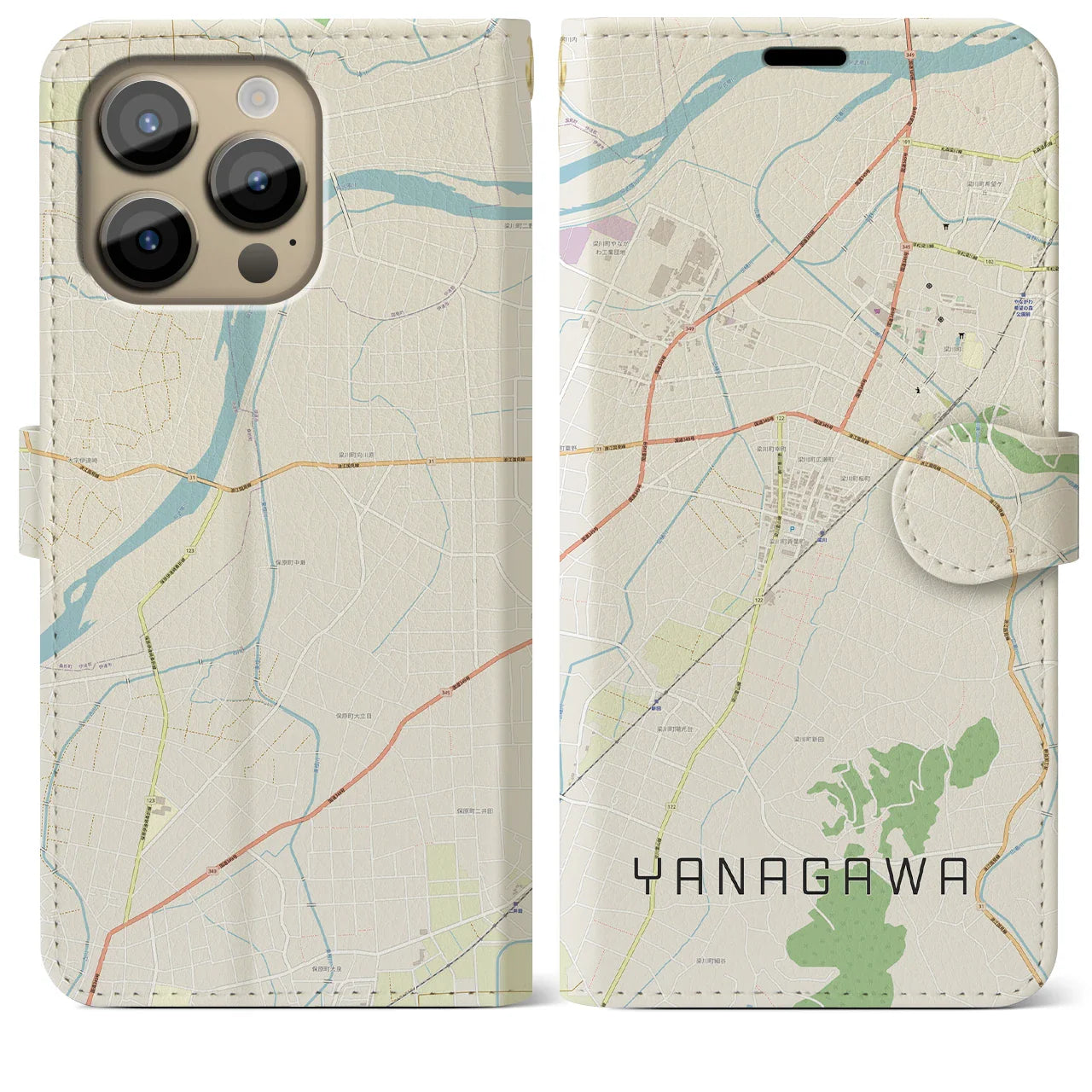 【梁川(福島県)】地図柄iPhoneケース(手帳タイプ)ナチュラル・iPhone 14 Pro Max 用